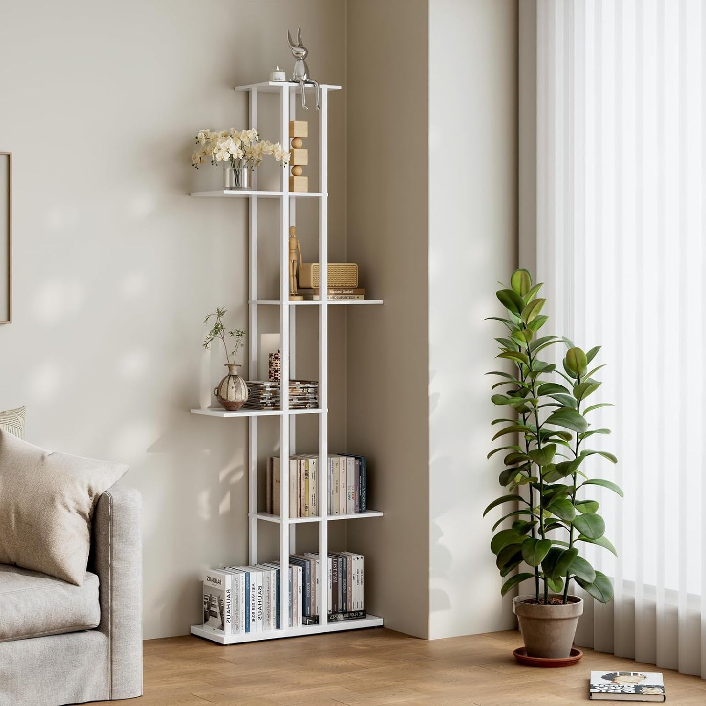 Bookshelf，Small Bookcase for Small Space，6-Tier Bookshelf for Living Room, Home Office, Study，9.45 x 20.8 x 62.2 Inches,White