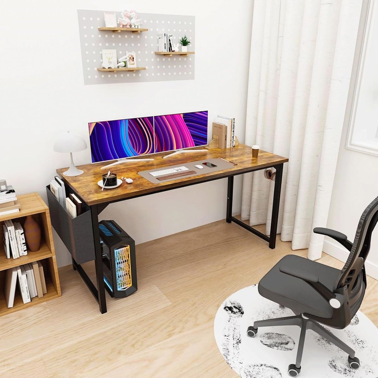 63 Inch Desk Office with Storage, Modern Simple Style Gaming Computer Table for Youth Student Adult, Metal and Wood Home Office Furniture, Rustic Brown