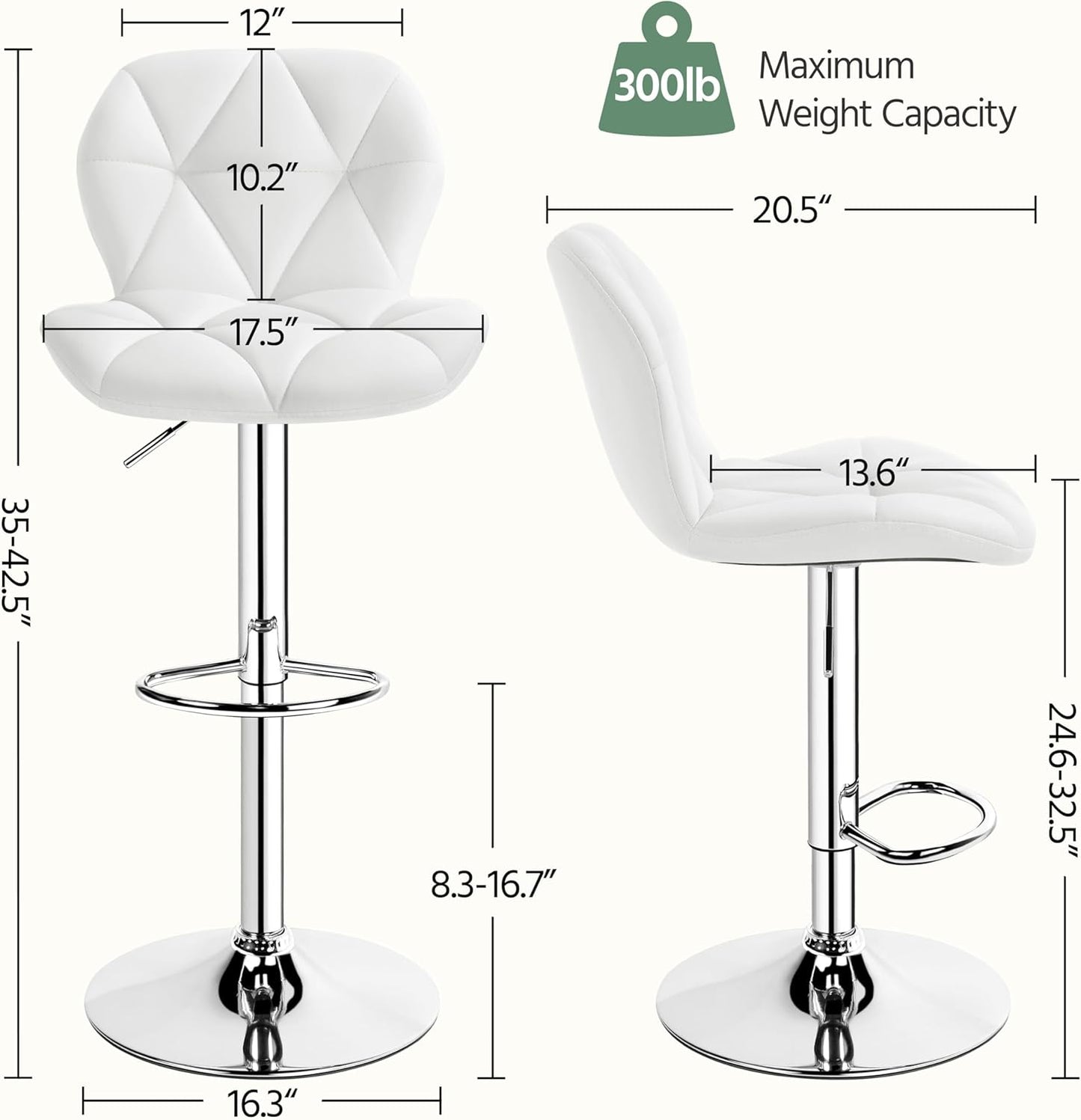 Yaheetech Bar Stools Set of 4, Adjustable PU Leather Swivel Barstools, Modern Counter Stools with Back and Footrest, Counter Height Barstools for Bar, Kitchen, Dining Room, White