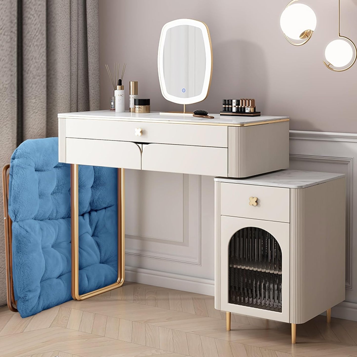 Comfy Saucer Chair for Adults, Foldable Living Room Chairs, Soft Faux Fur Lounge Chair for Bedroom, Reading Chairs, X-Large (Ottoman-Blue)