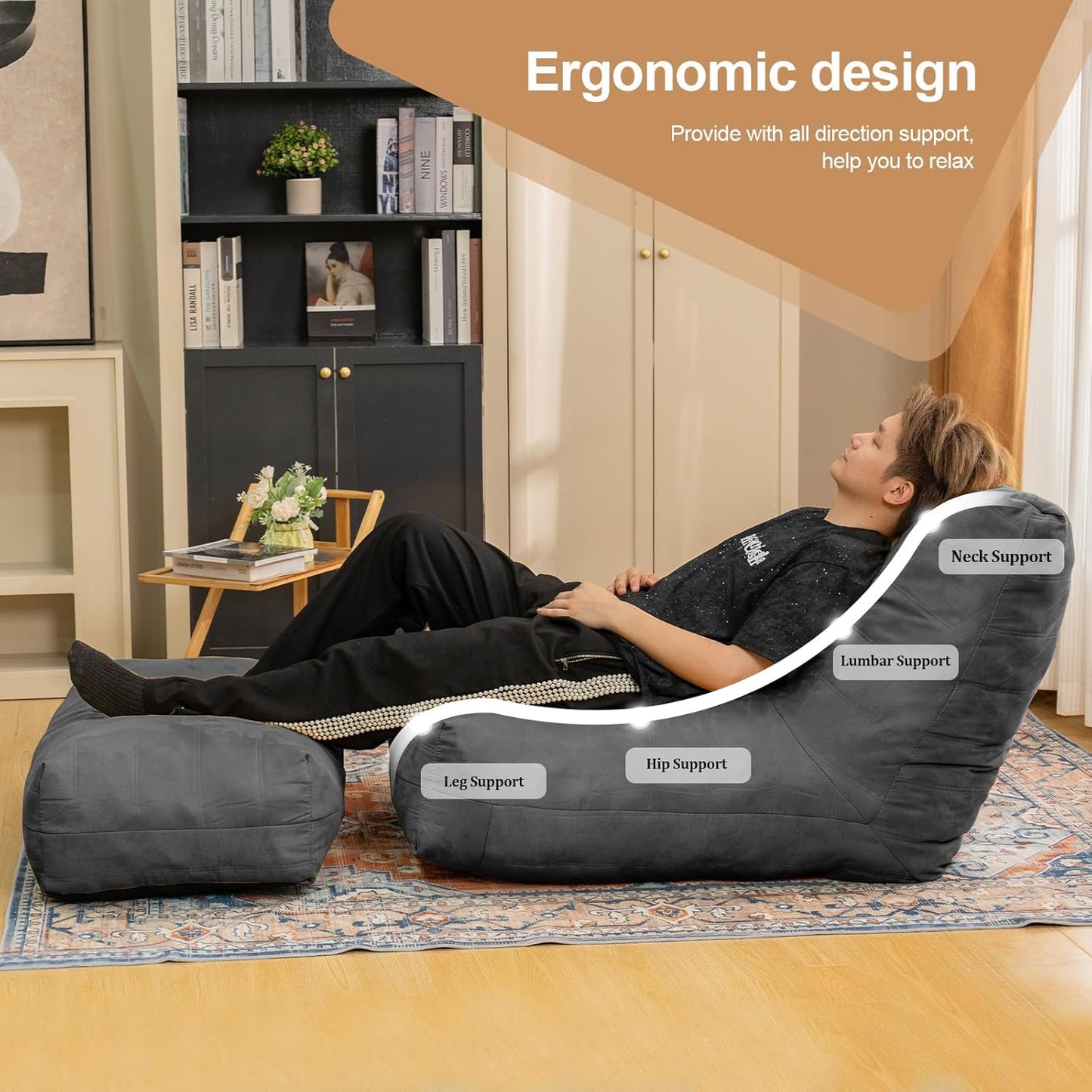 Bean Bag Chair with Ottoman, Comfy Bean Bag Sofa with Memory Foam, Lazy BeanBag Sofa with Footstool, Fireside Bean Bag Couch for Living Room, Bedroom, Apartment