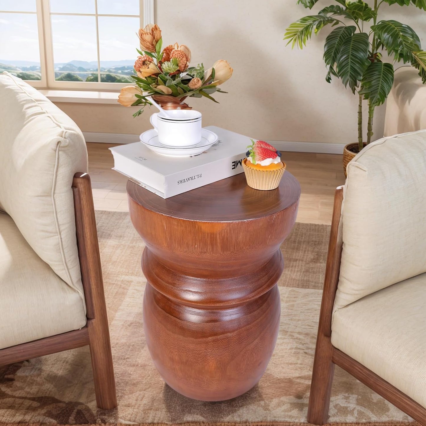 Compact Natural Wood Tree Stump End Table – Small 15.75" H Rustic Accent Table, Lightweight Solid Paulownia, Multi-Purpose Decorative Stool for Small Spaces