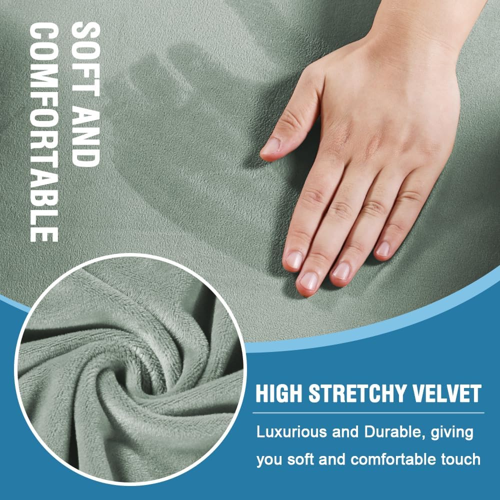 H.VERSAILTEX Sofa Cover 3 Piece T Cushion Loveseat Slipcovers Thick Velvet Couch Cover Stretch T Cushion Sofa Covers for 2 Cushion Couch with 2 Individual T Cushion Covers Washable, Sea Grass