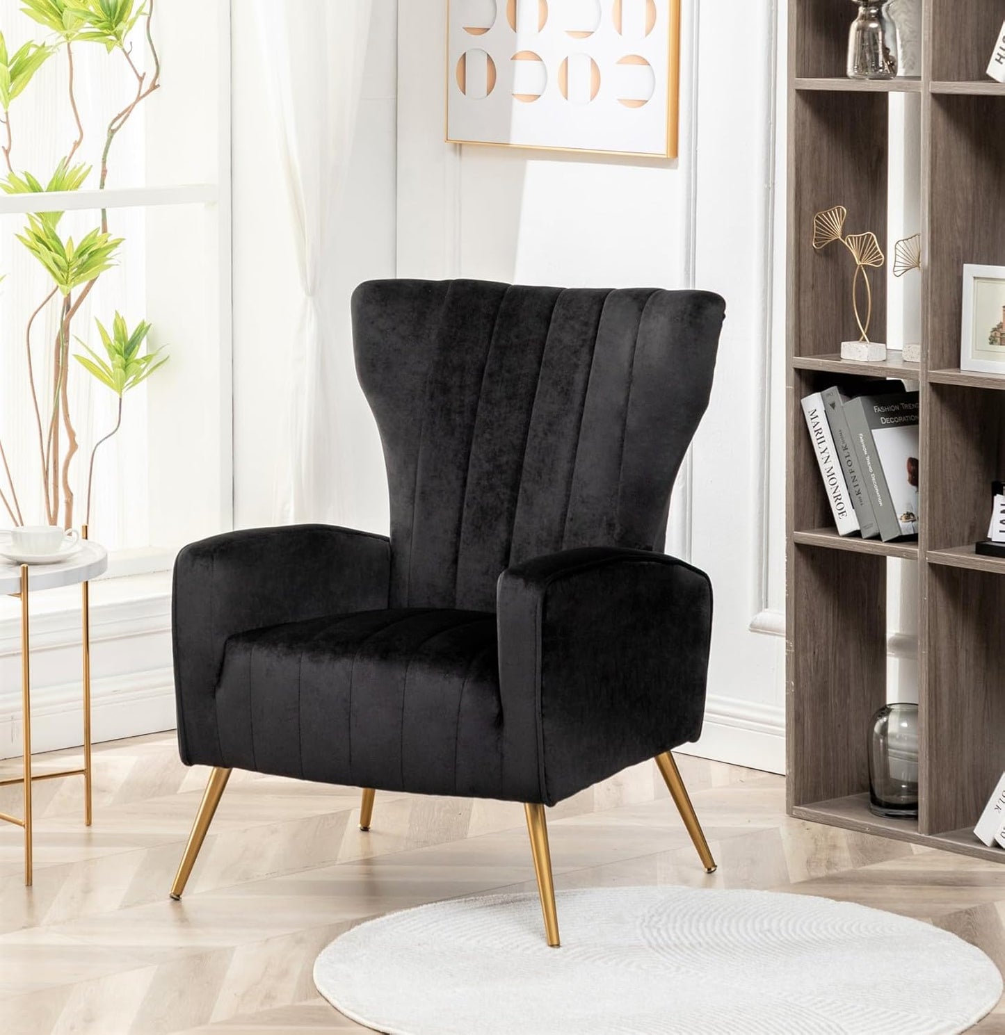 Container Furniture Direct Modern Velvet Accent Chair, Channel Tufted Bedroom, Office or Living Room Furniture with Elegant Metal Legs, 26" Wide Armchair, Black