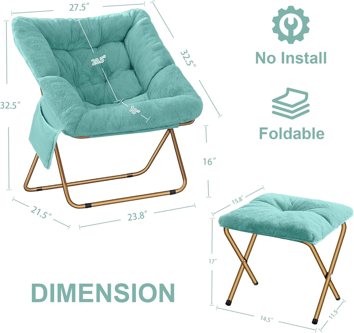 Comfy Saucer Chair for Adults, Foldable Living Room Chairs, Soft Faux Fur Lounge Chair for Bedroom, Reading Chairs, X-Large (Ottoman-Mint)