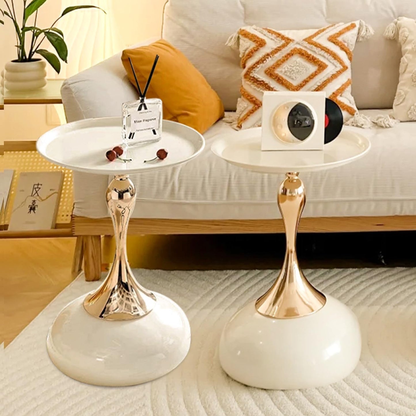 Modern Round Side Table with Gold Pedestal Base, Black Metal Top, Accent End Table for Living Room (Cream White+Cream White)
