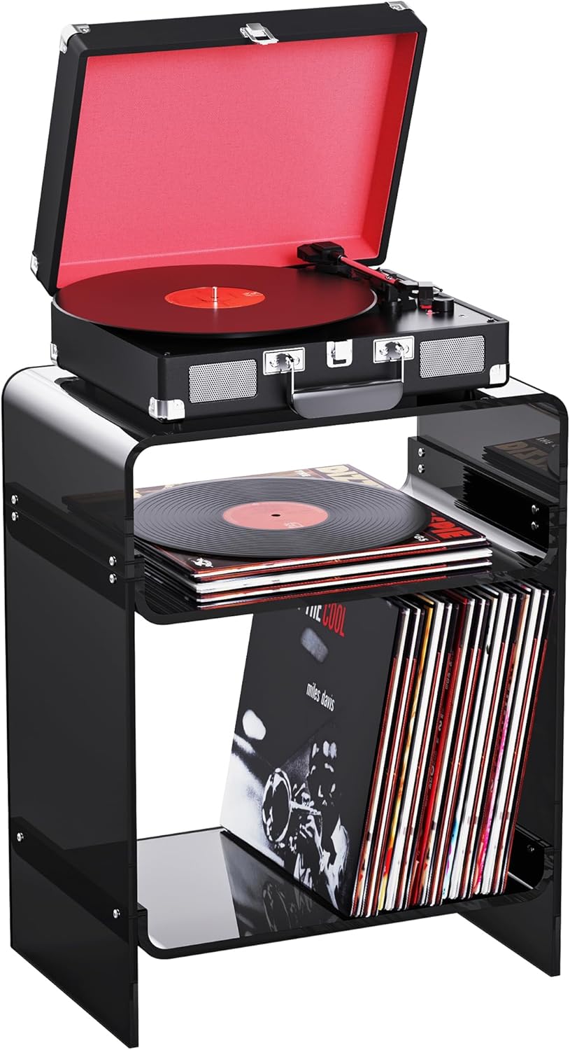 Acrylic Record Player Table with Storage Shelf, Clear Side Table Nightstand (Black)