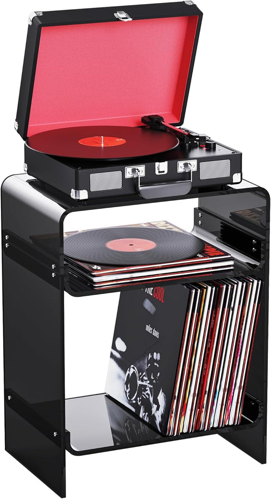Acrylic Record Player Table with Storage Shelf, Clear Side Table Nightstand (Black)