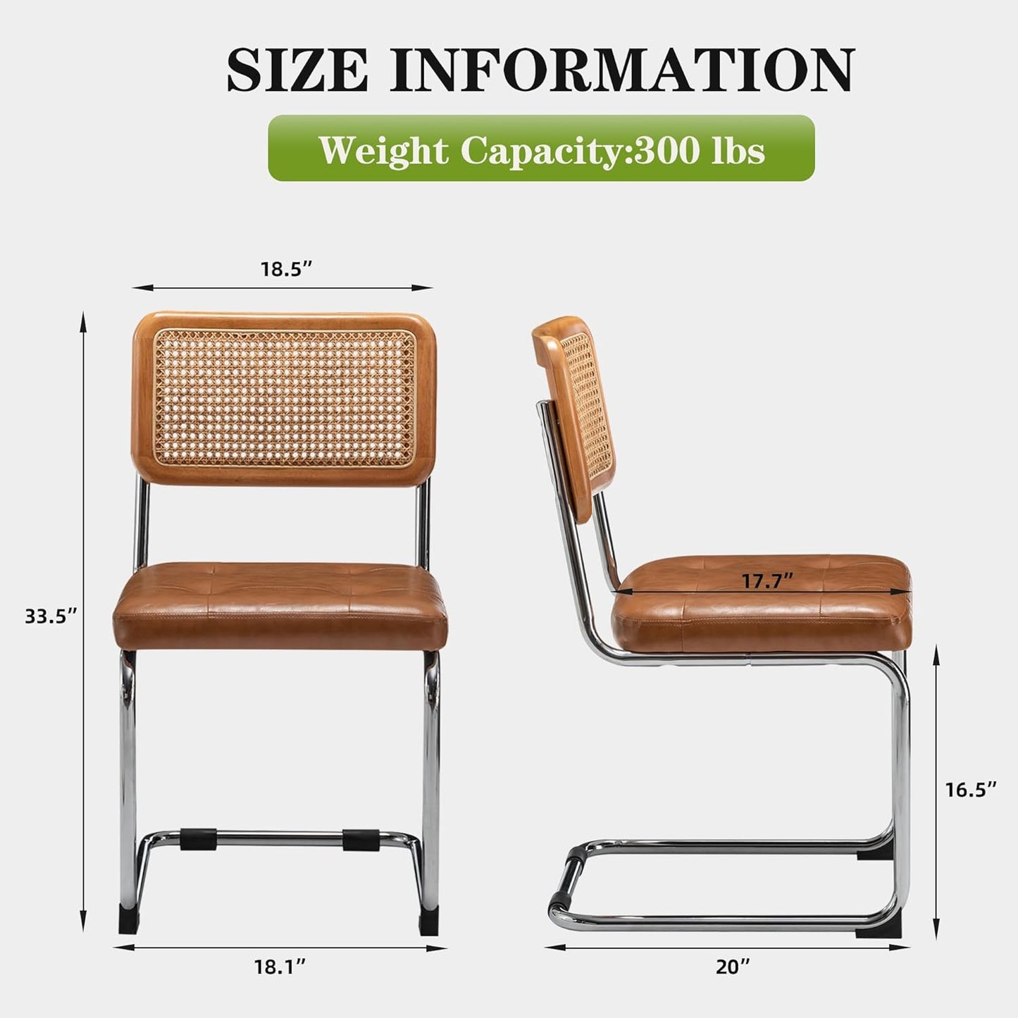 Rattan Dining Chairs Set of 2 Mid Century Modern Kitchen Chairs with Natural Rattan Backrest Oak Frame and Upholstered Pu Seat Chairs with Metal Legs