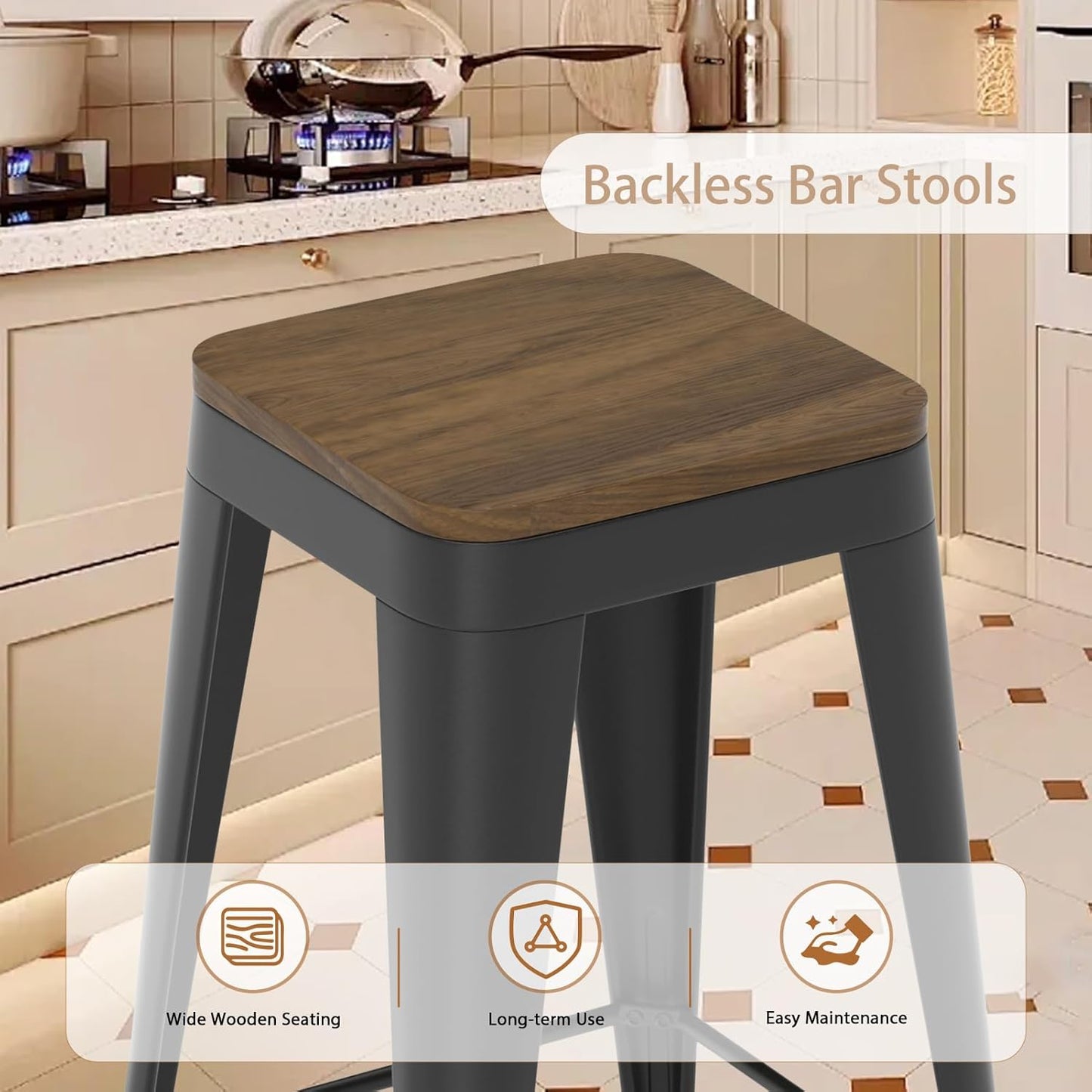 24 inch Backless Bar Stools Set of 4, Indoor Metal Bar Stools with Wood Seat, Industrial Counter Height Barstools for Kitchen Island, Black