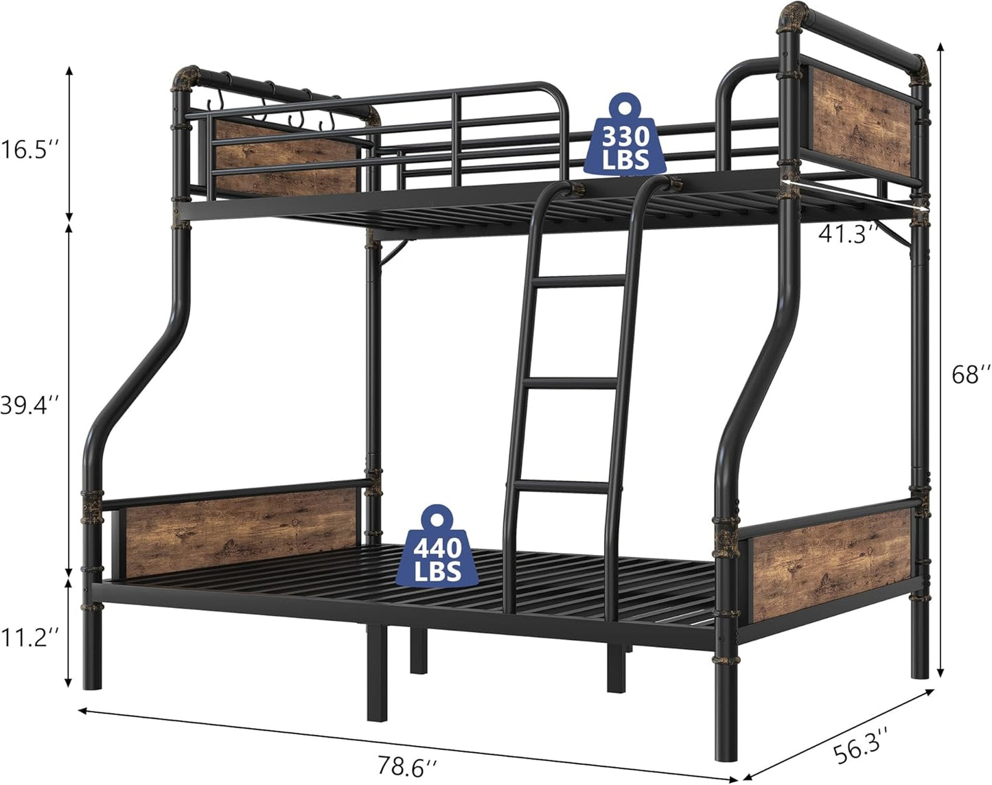 Metal Bunk Bed Twin Over Full, Industrial Bunkbeds Heavy Duty Bed with Safety Guard Rails and Space-Saving Design, Steel Bed for School, Bedroom (Vintage Brown)