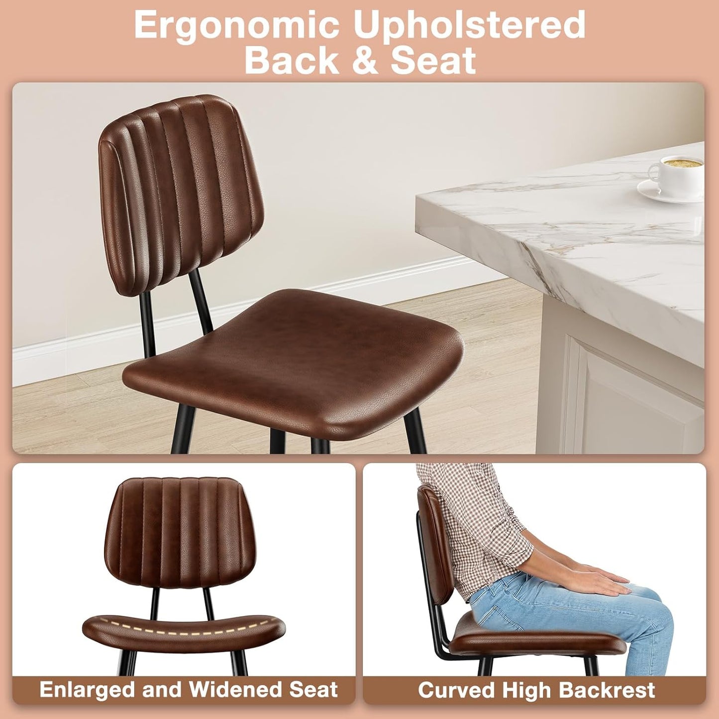 24-Inch Leather Bar Stools Set of 3, Counter Height Barstools with High Backrest，Bar Chairs for Kitchen Island with Heavy Duty Metal Legs, Dark Brown