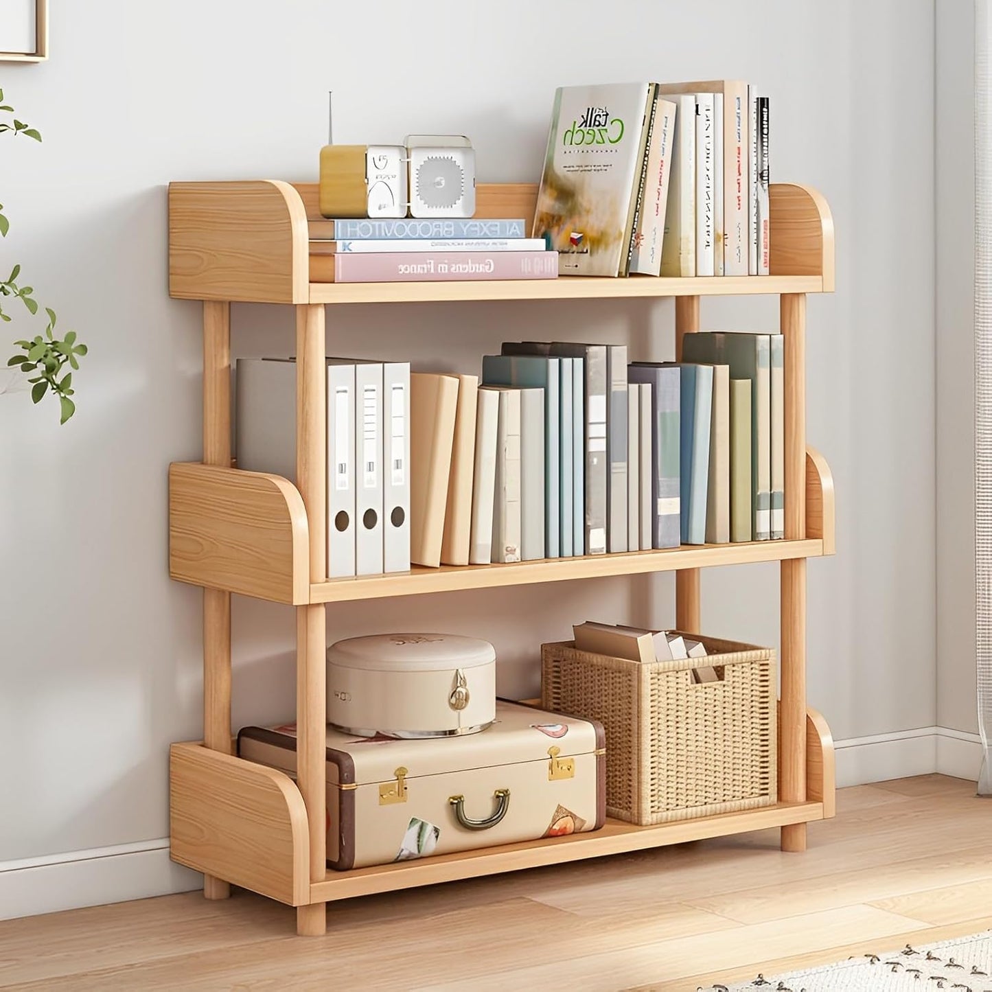 3-Tier Wooden Open Bookcase - Modern Display Bookshelf with Top Edge and Solid Wood Frame for Home and Office, Storage Cabinet, Oak