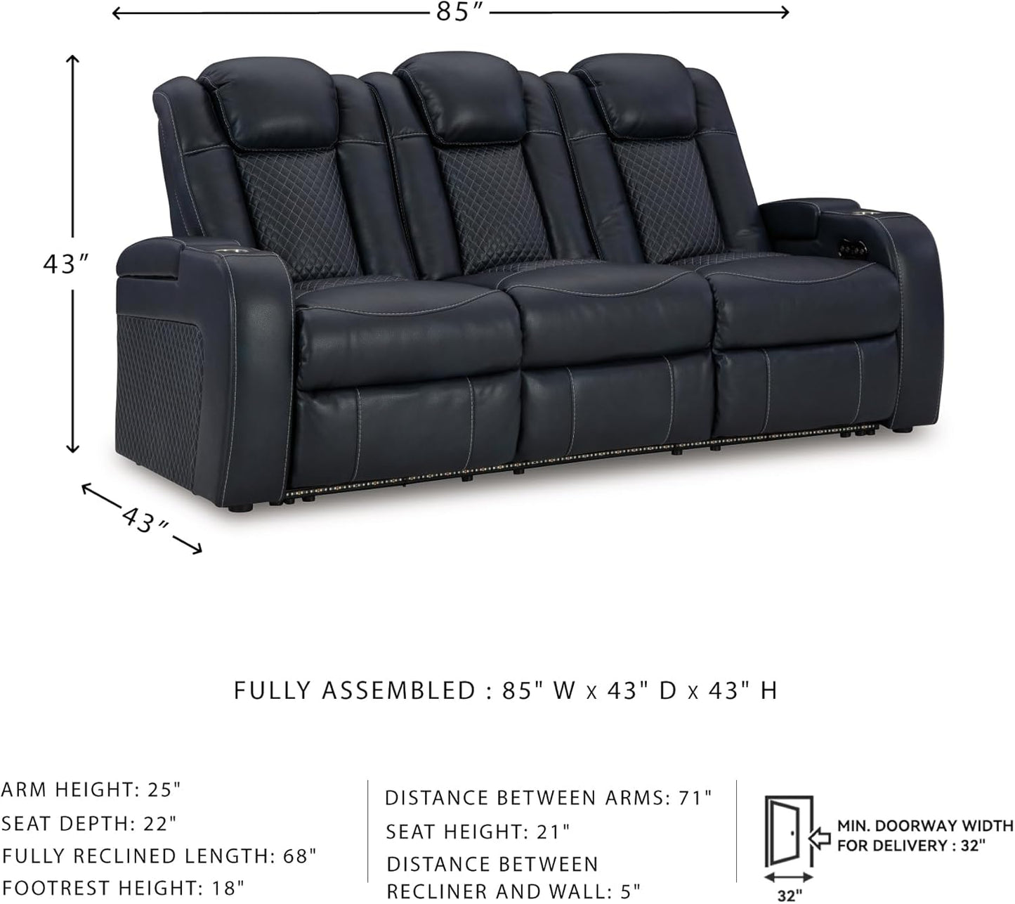 Signature Design by Ashley Fyne-Dyme Contemporary Power Reclining Sofa with USB Charging Ports and Adjustable Headrest, Blue