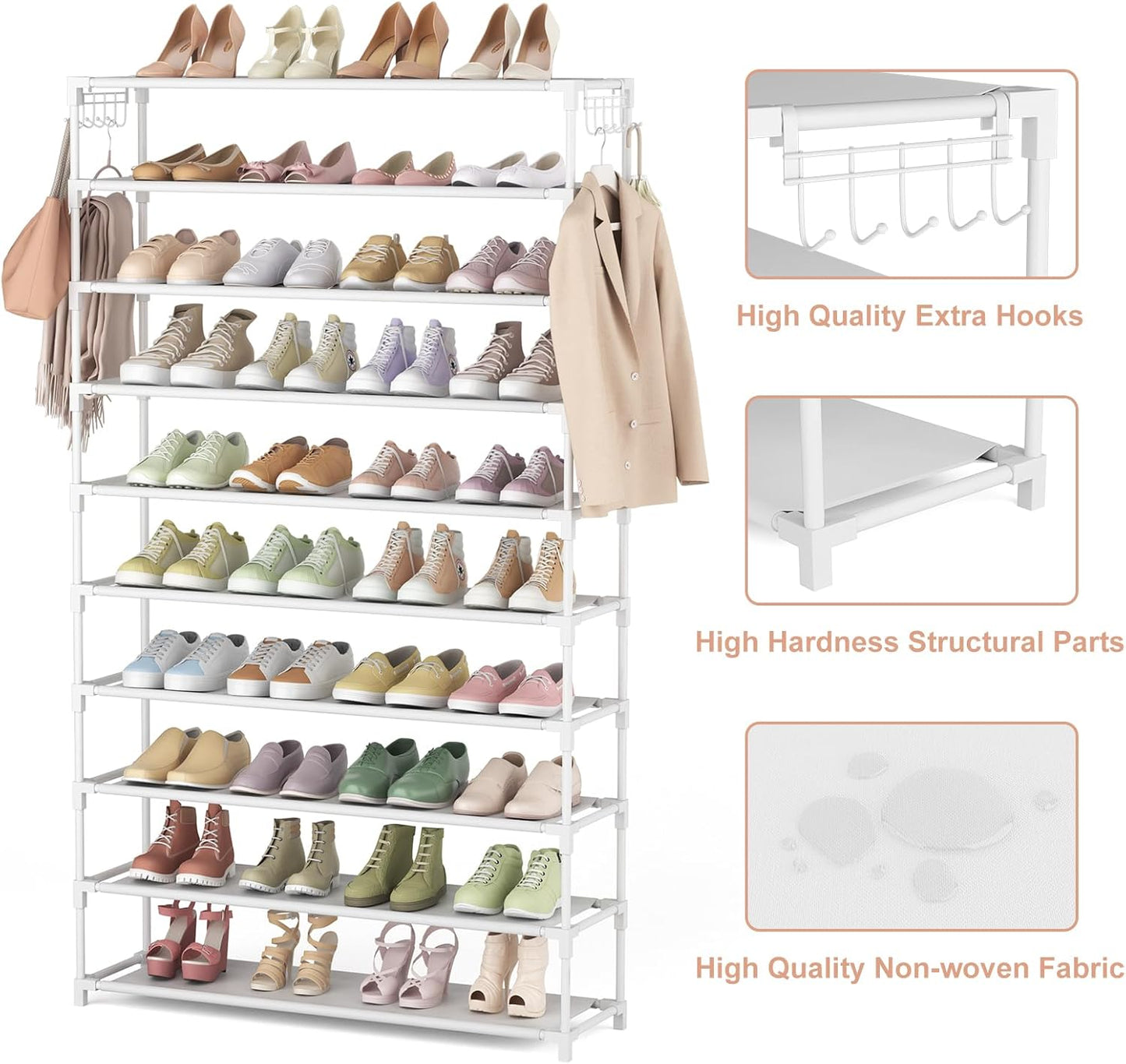 10 Tiers Shoe Rack 50 Pairs Large Capacity Tall Shoe Organizer Sturdy Shoe Storage with Two Hooks Space Saving Metal Wide Shoe Rack for Closet, Entryway, Bedroom, White