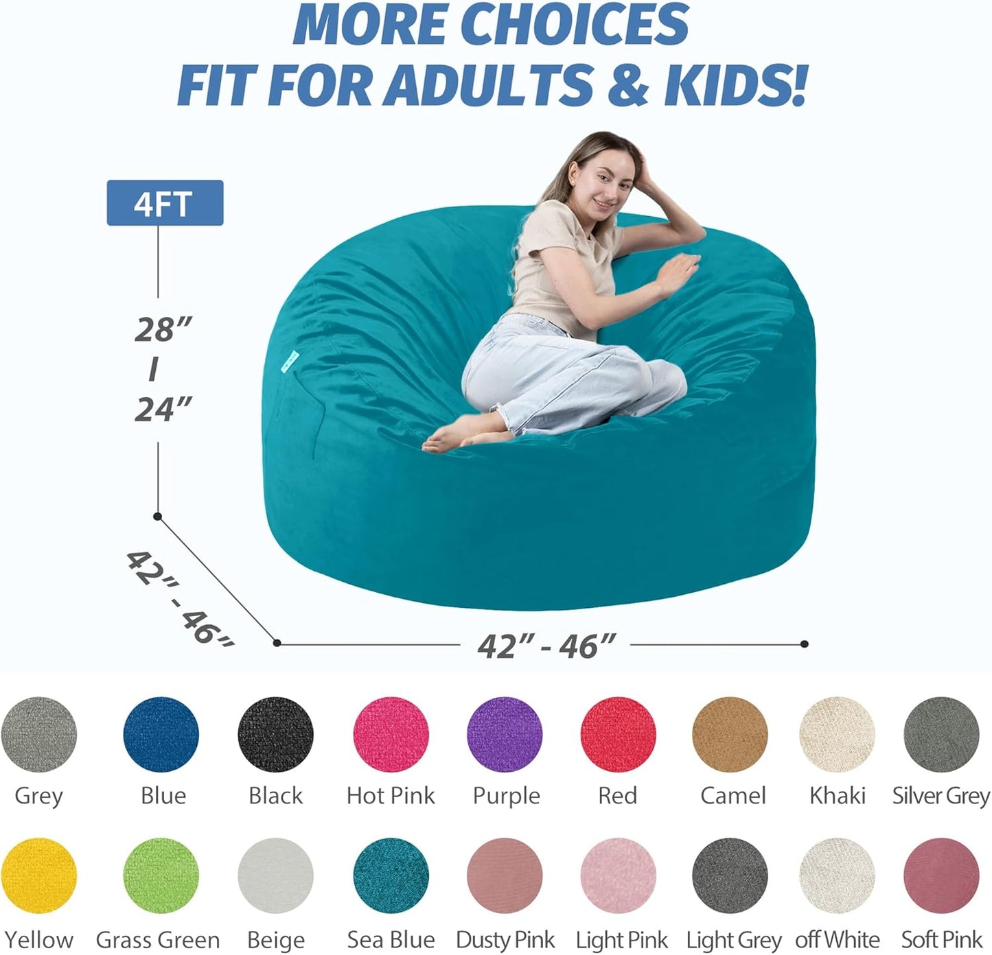 4FT Bean Bag Chair with Ultra Soft Velvet Cover Bean Bag Sofa with Memory Foam Bean Bag Chairs with Large Size Lazy Sofa for Dorm Office Living Room Bedroom Sea Blue 4'
