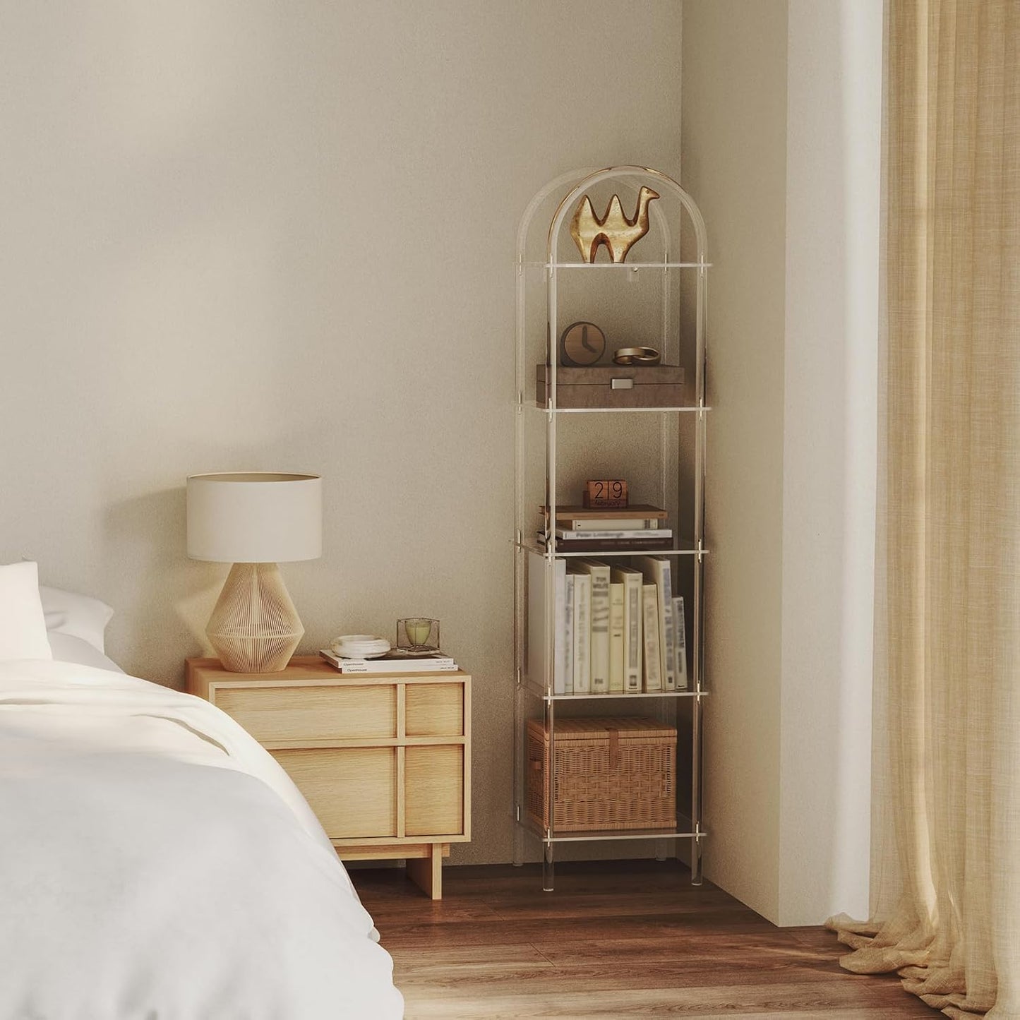 5-Tier Acrylic Arched Bookcase, Clear Narrow Bookshelf for Small Space, 13.8''W x 11.8''D x 57.1''H, Open Display Book Shelves for Home Office, Living Room, Bedroom, Modern