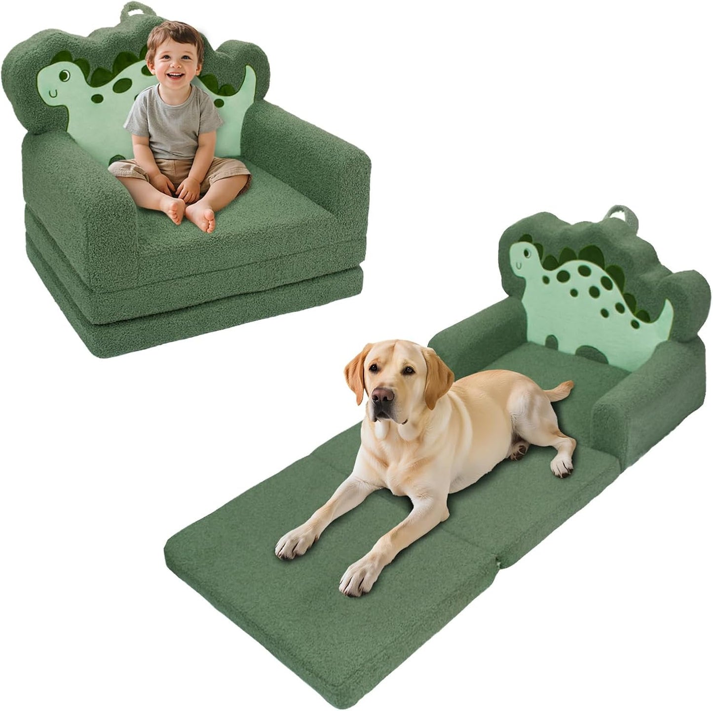 TinyPalsa Kids Couch, Convertible Sofa to Lounger Fold Out, Green Dinosaur Design Chair for Toddlers 1-3, Gift for Movie Night, Camping, and Napping