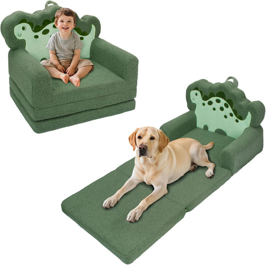 TinyPalsa Kids Couch, Convertible Sofa to Lounger Fold Out, Green Dinosaur Design Chair for Toddlers 1-3, Gift for Movie Night, Camping, and Napping
