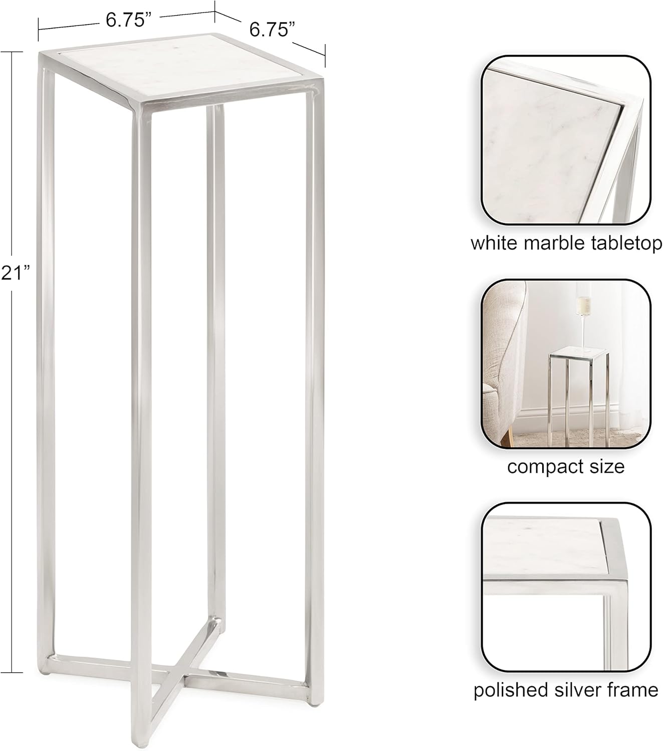 Kate and Laurel Jaspur Modern Glam Drink Table, 7 x 7 x 21, White and Silver, Decorative Metal and Marble Accent Martini Cocktail Table for Display and Storage