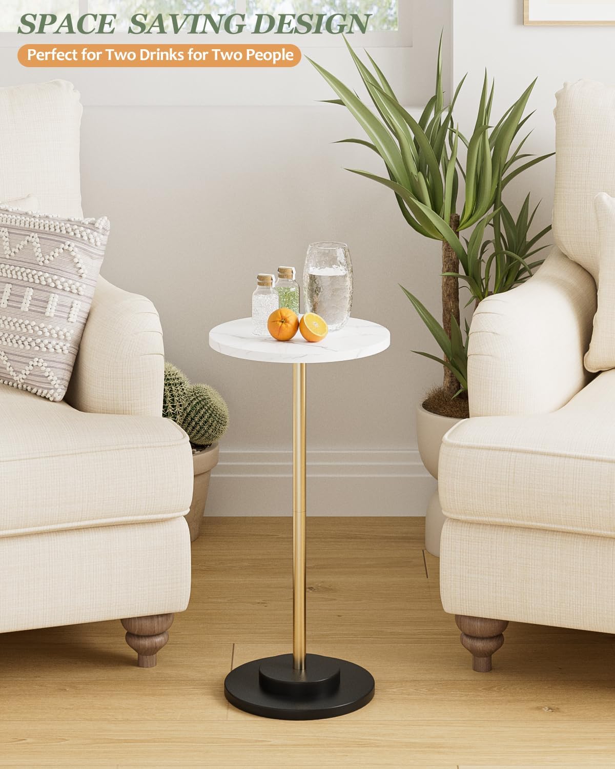 Round Side Table, Small Drink Table for Small Spaces, Modern Accent End Table Coffee Table with Metal Leg for Living Room, Bedroom, Corners, and Office (White Marble)