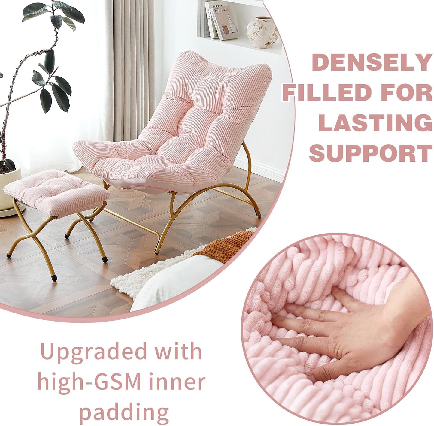 Welnow Accent Chair with Ottoman, Lounge Comfy Soft Leisure Metal Frame Reading Chair with Footrest, Upholstered Thick Cushion Seated Recliner Sofa for Living Room, Bedroom, Dorm, Pink