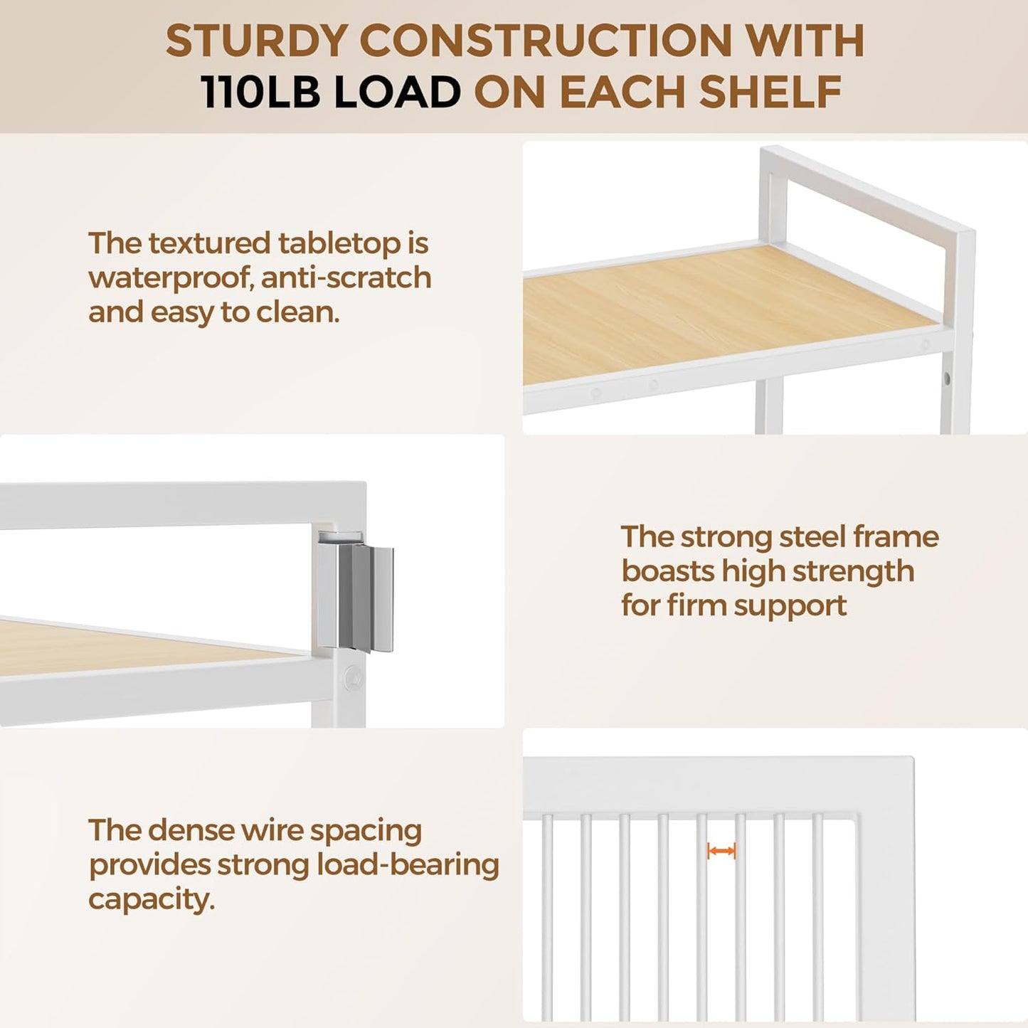 3-Tier Metal Storage Rack with Industrial Wheels,Mesh Shelving Unit with Wooden Table top,Adjustable Shelf,23.6-Inch Width,for Kitchen,Laundry,Pantry,Plant,Oak panel and white frame