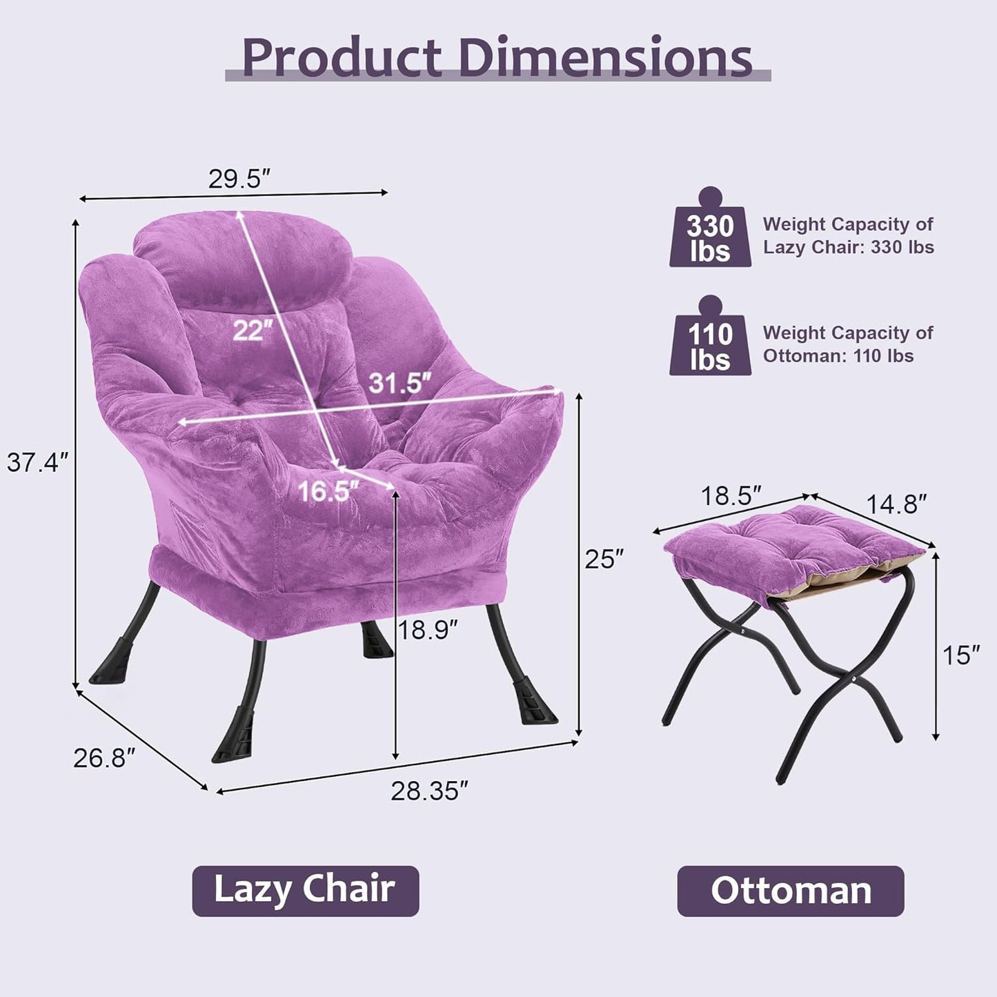 Fabric Lazy Chair with Ottoman, Oversized Upholstered Sofa Chair for Adults, Plush Comfy Lounge Chair with Large Side Storage Pocket, Reading Chair for Living Room, Bedroom, Office, Purple