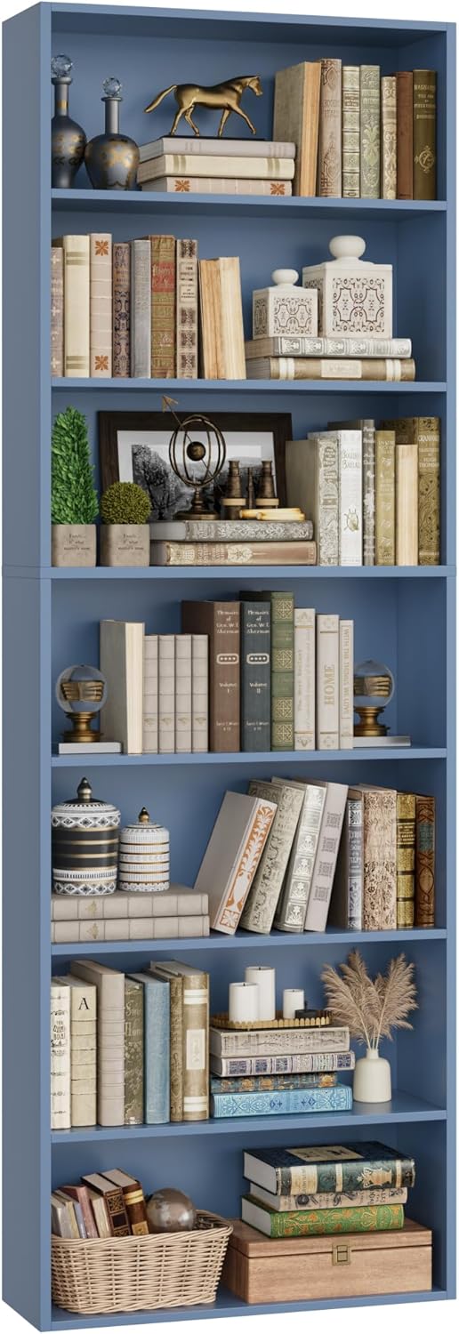 82" Tall Bookshelf, 7-Tier Open Shelves Bookcase, Freestanding Display Storage Shelves, Tall Bookcase Home Decor Furniture for Home Office, Living Room, Bedroom, Blue