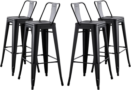 AC Pacific 30” Metal Barstool Set of 4 – Country Rustic Style with Low Back, Lightweight & Sturdy Build, Easy Assembly – Matte Black