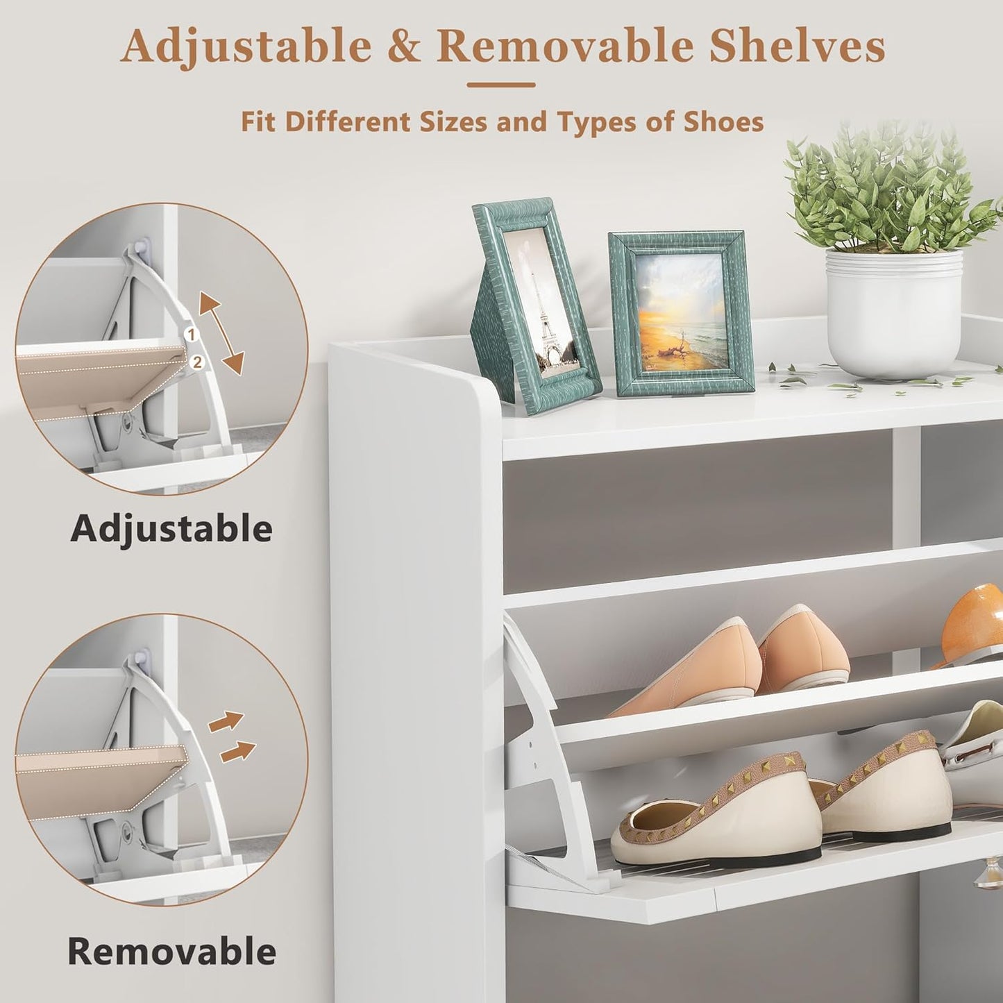 Shoe Bench with 3 Flip Drawers, Entryway Storage Bench with Cushion, Adjustable Shelves, Shoe Cabinet with Storage Space for Entryway, Living Room, Hallway, Mudroom, Bedroom, White