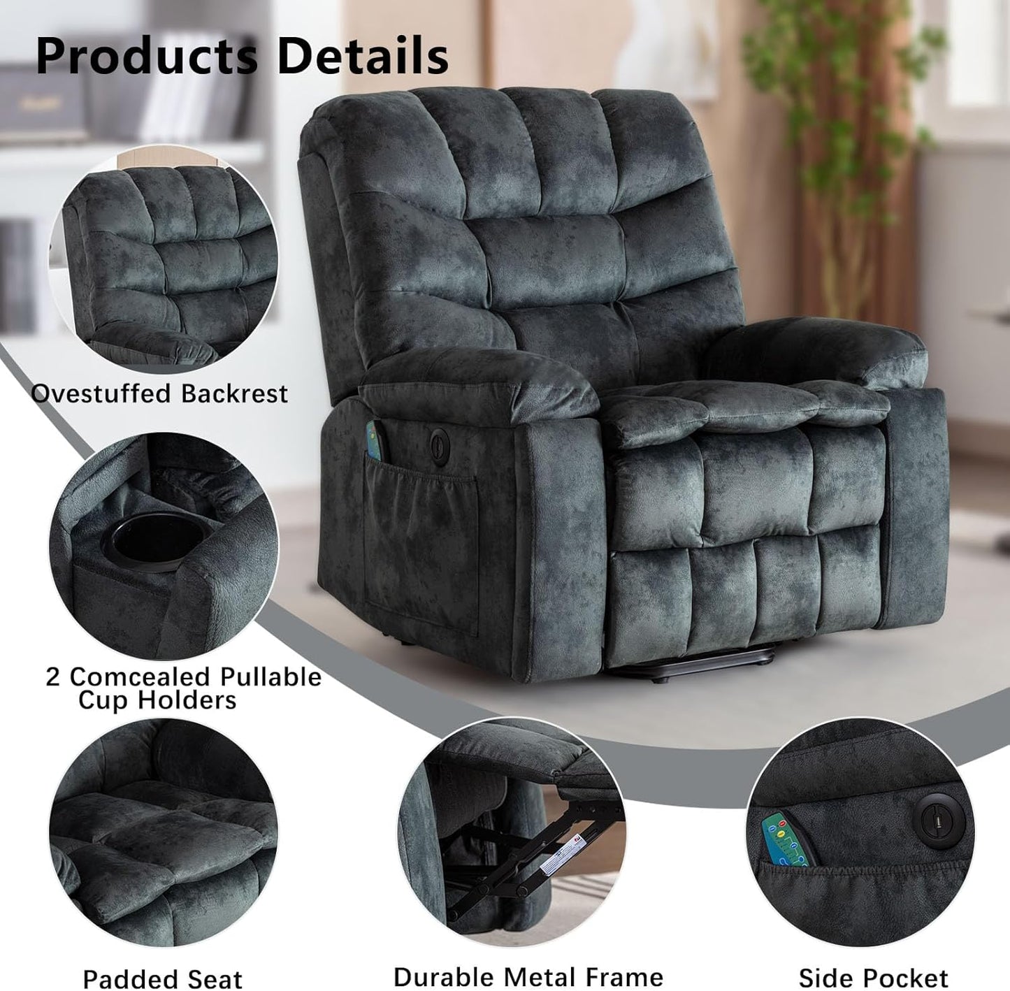 Phoenix Home Large Power Lift Recliner with Massage and Heat for Elderly, Heavy Duty & Safety Motion Reclining Mechanism, Ergonomic Electric Wider Chair with USB Port, 2 Hidden Cup Holders, Gray Green