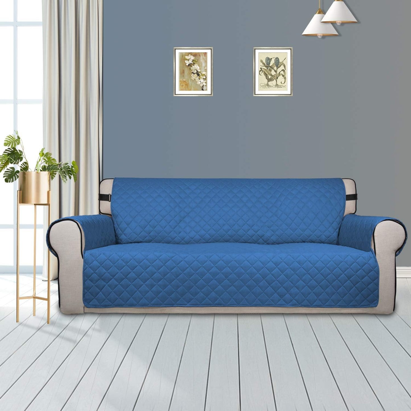 PureFit Reversible Sofa Couch Cover Water Resistant Couch Covers for 3 Cushion, Washable Furniture Cover with Non-Slip Foam and Adjustable Strap for Dogs, Pets (Oversized Sofa, Blue/Ivory)