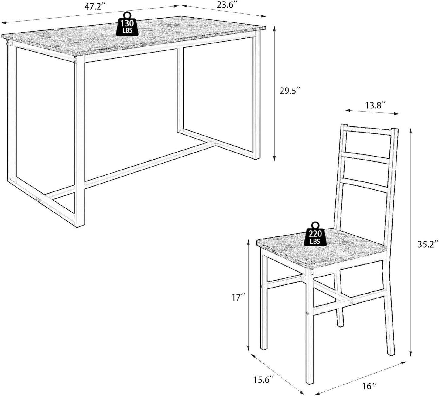 Ball & Cast 5 Pieces Dining Table Set with 4 Chairs,Kitchen Table and Chairs for 4 W/ 47.2" Rectangle Desk,Living Room Furniture W/Backrest,for Small Space,Brown