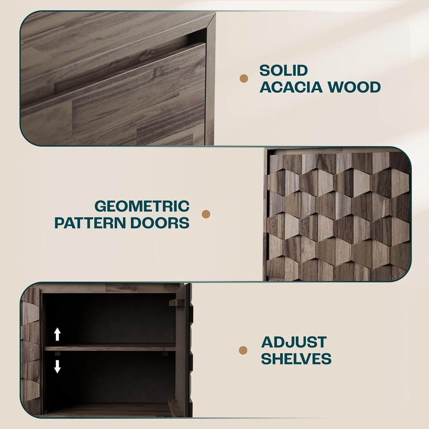 Bme Georgina Solid Wood Sideboard with Geometric Pattern, 2 Doors and 3 Drawers, 61 Inch Mid Century Modern Sideboard Cabinet for Kitchen, Dining Room, Living Room, Mocha