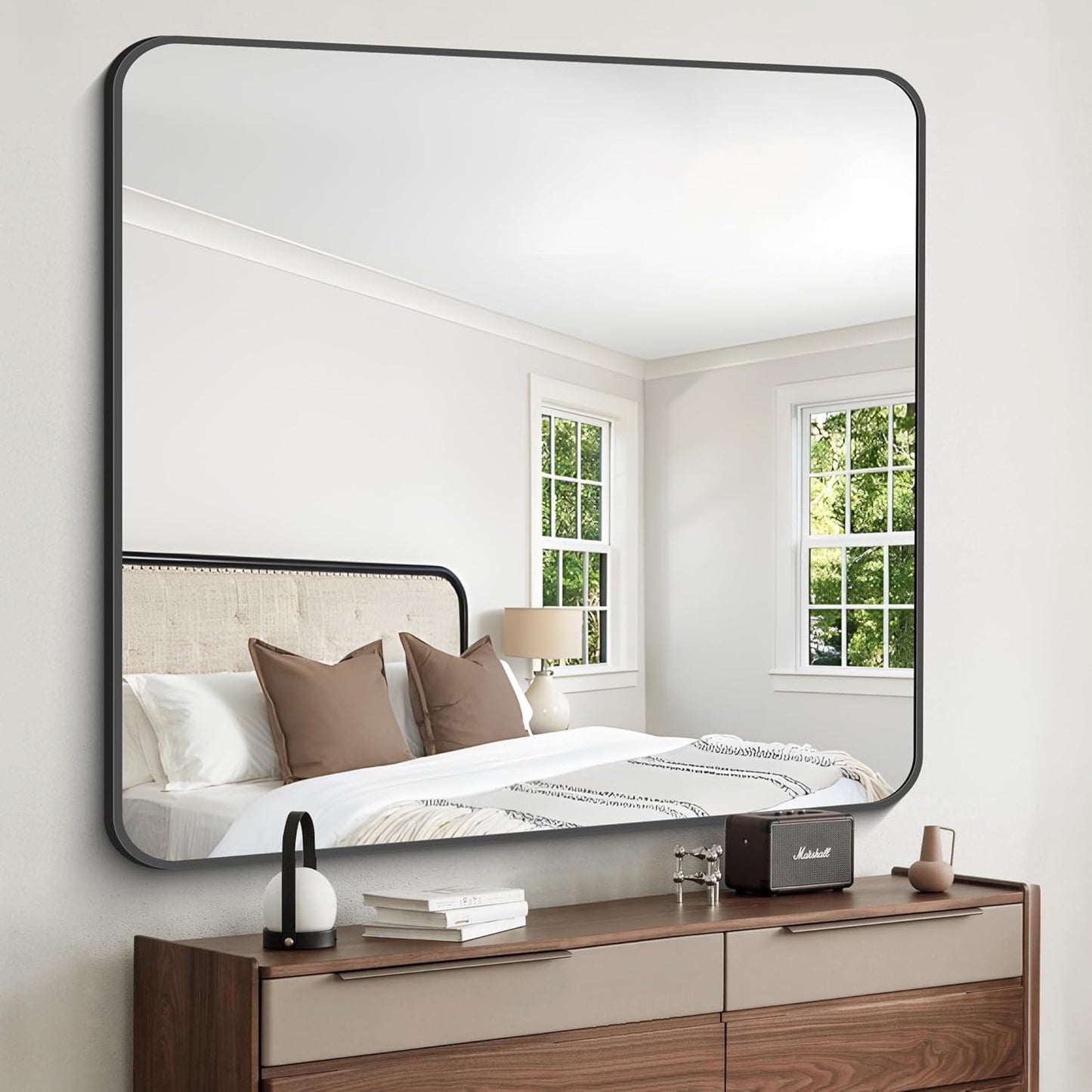FORBATH Bathroom Mirror 42x42 Inch, Large Square Vanity Mirror with Black Aluminum Frame Rounded Corner, Wall Mounted Mirror for Bathroom Bedroom Entryway Living Room Home Decoration