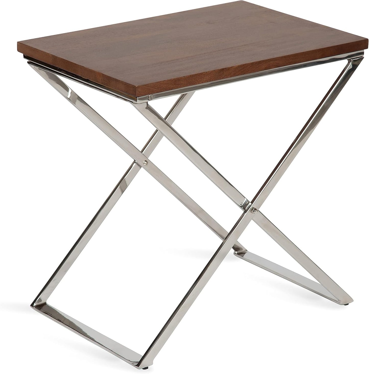 Kate and Laurel Laraway Modern Side Table, 21 x 15 x 21, Walnut Brown and Silver, Metal End Table with Solid Wood Tabletop and Foldable Frame