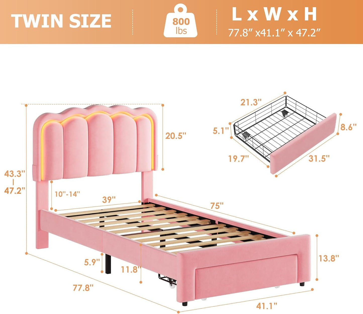 Twin Upholstered LED Bed Frame with Storage Drawer and Adjustable Chic Double Wavy Headboard, Velvet Princess Platform Bed for Girls/Kids, Solid Wood Slats Support, No Box Spring Needed, Pink