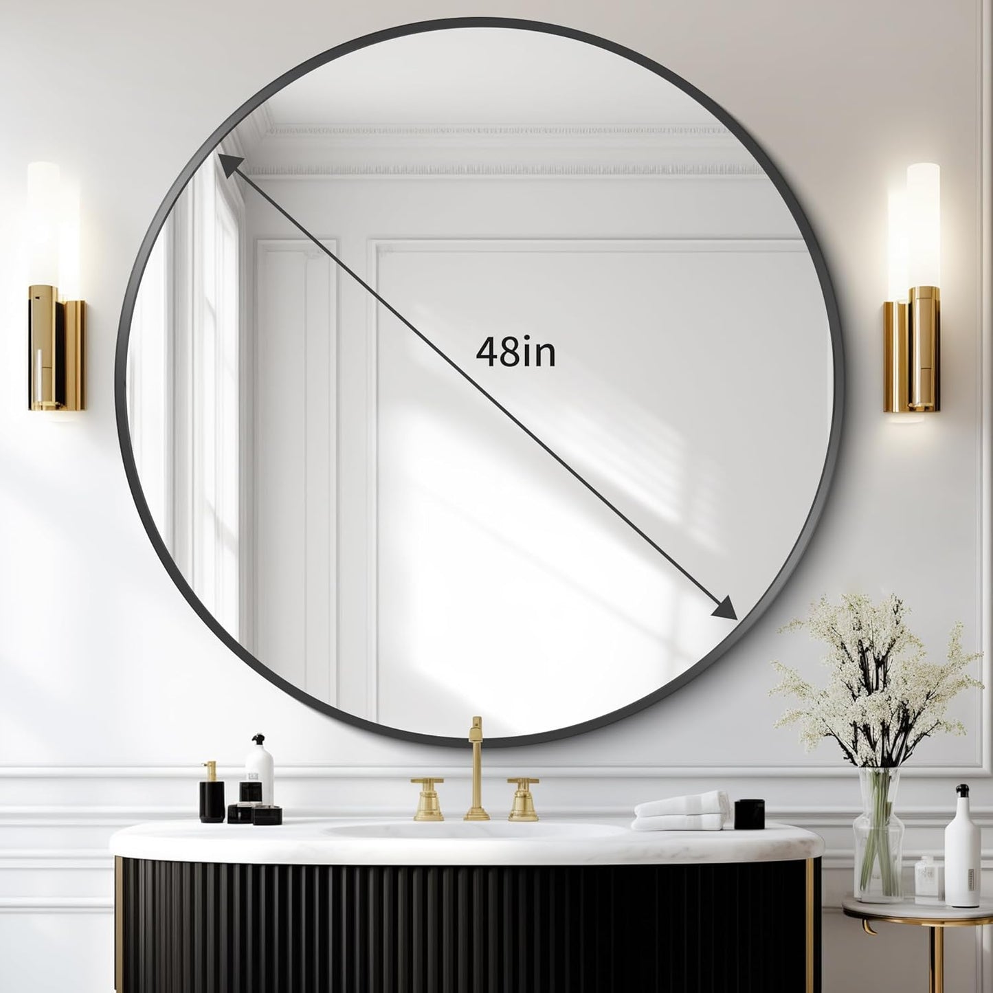 Black Round Mirror, 48" Wall Mounted Aluminum Alloy Frame - Large Round Mirror for Bathroom, Entryway, Living Room