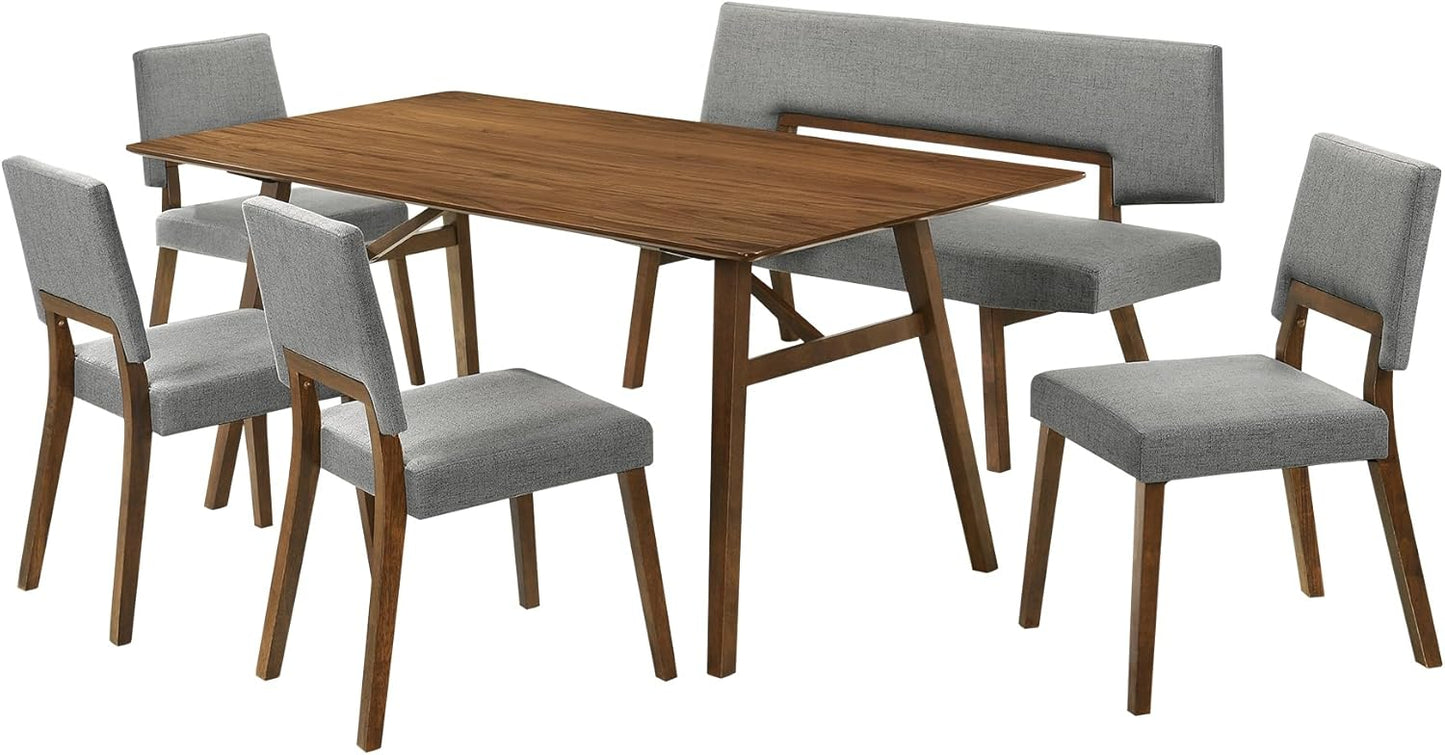 Armen Living Channell Mid Century Modern 6 Piece Walnut Wood Dining Table Set with Bench in Charcoal Fabric