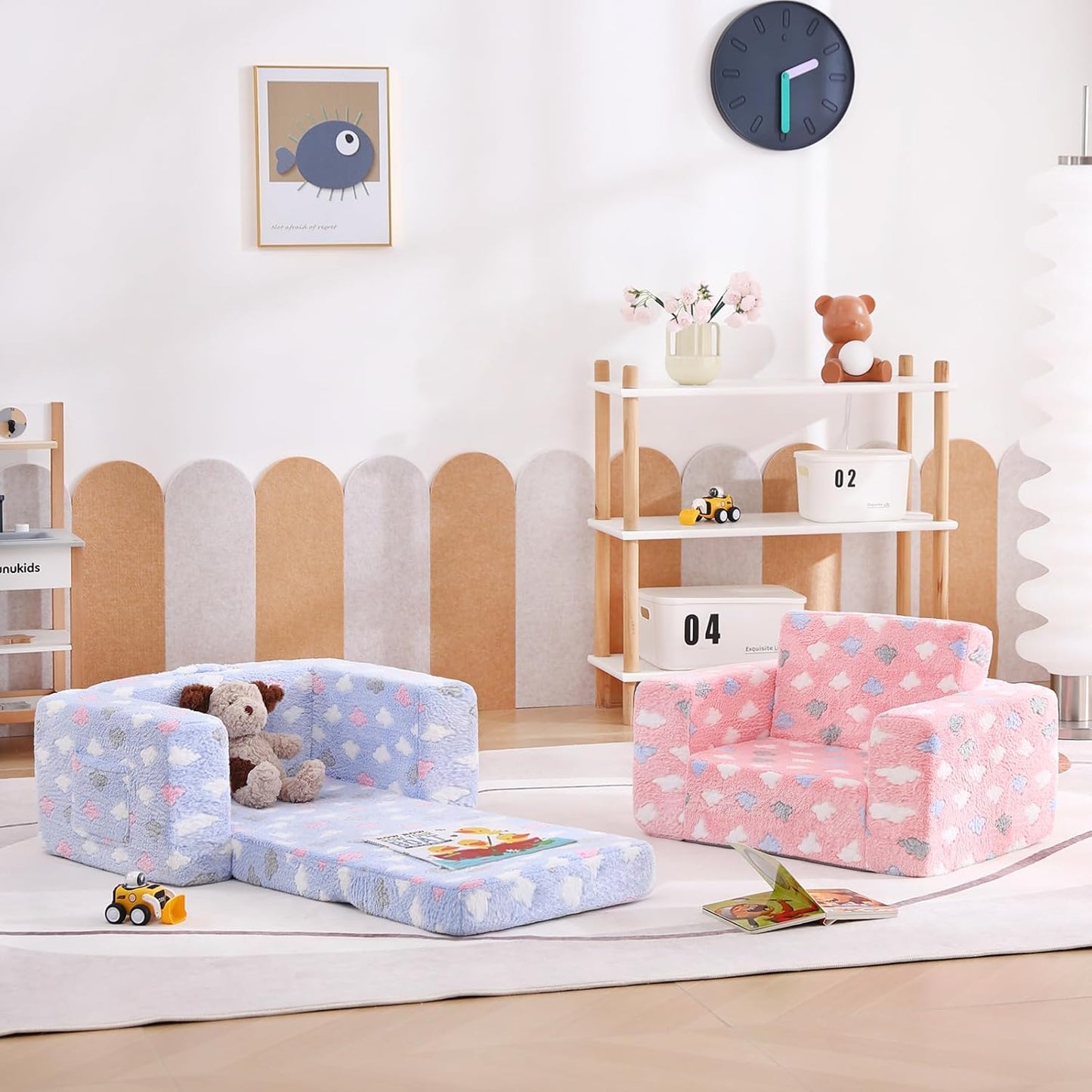 Tiita Kids Sofa Couch, Convertible Children Couch to Lounger, Toddler Comfy Sofa with Cute Graffiti Pattern Design for Girls and Boys, Graffiti