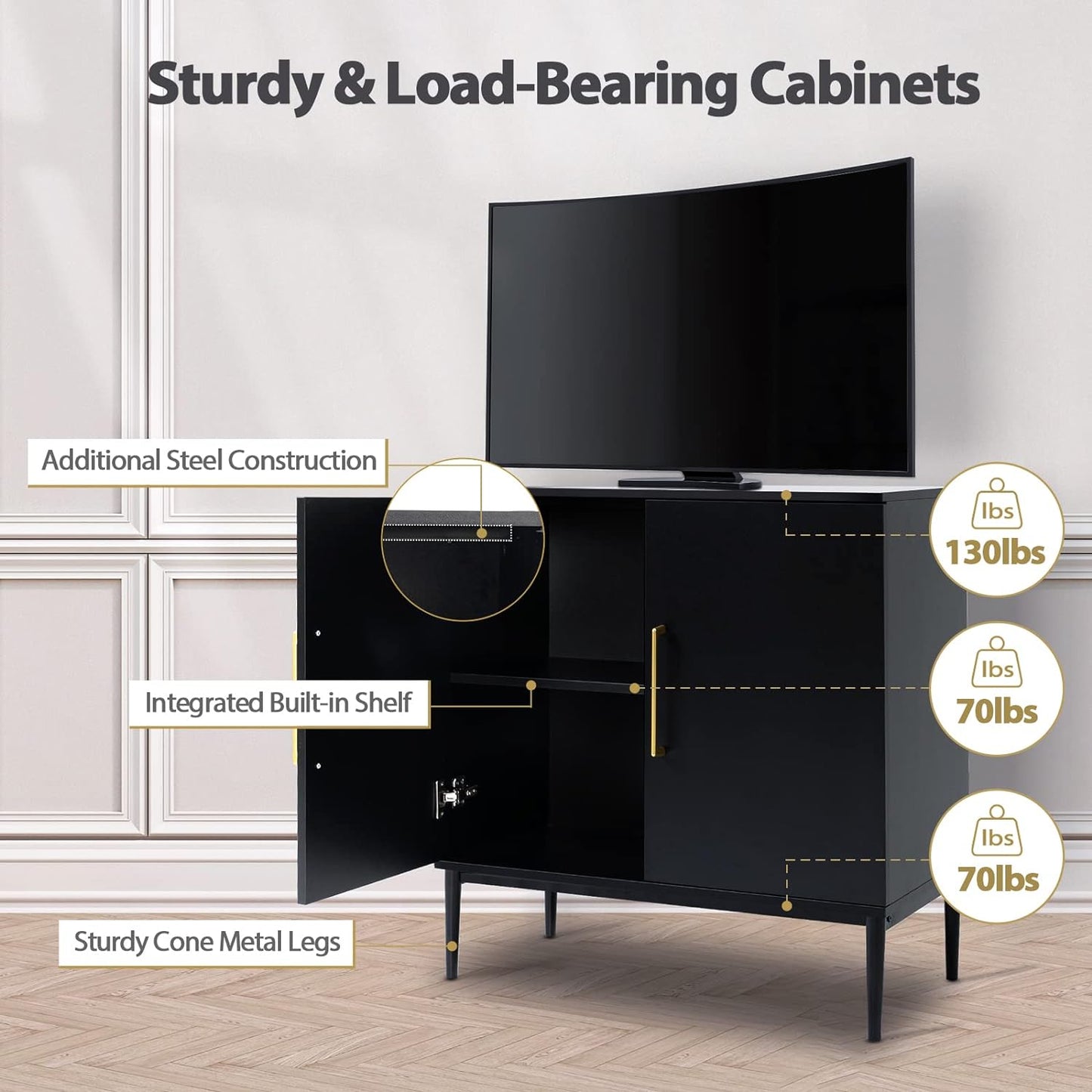 Modern Storage Cabinet, Free Standing Buffet Cabinet, Black Sideboard and Buffet Storage, Wood Accent Furniture for Living Room, Hallway, Entryway, Dining Room, Bedroom (1, Black)