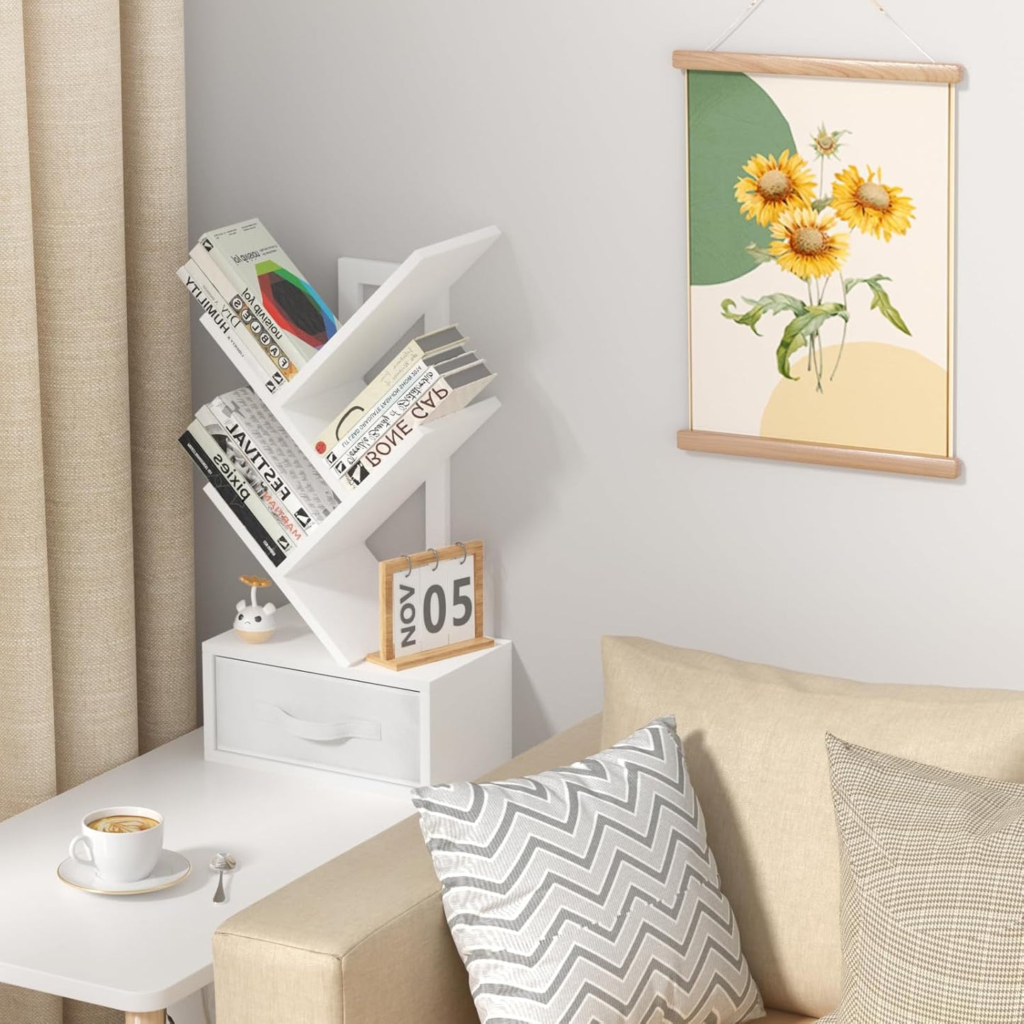 Small Bookshelf with Drawer,4 Tier Tree Book Shelf,Wood Desk Bookshelves,Modern Free Standing Desktop Display Shelves,White Floor Standing Organizer Bookcase for Living Room,Bedroom,Office