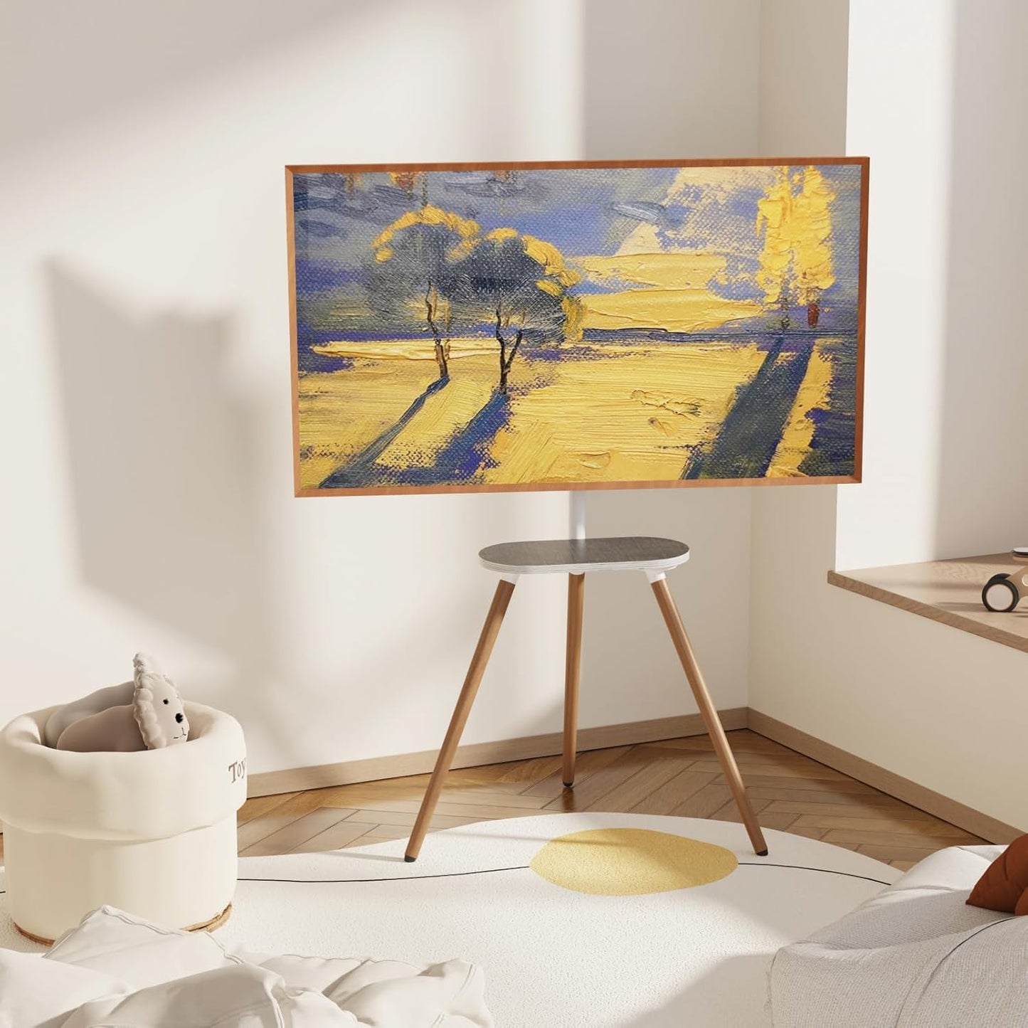 Tripod Easel TV Stand for 43-65" TVs, Height-Adjustable Swivel Corner Floor TV Stand with Wooden Tray, VESA 400x400 LCD/LED/OLED Compatible, Minimalist White