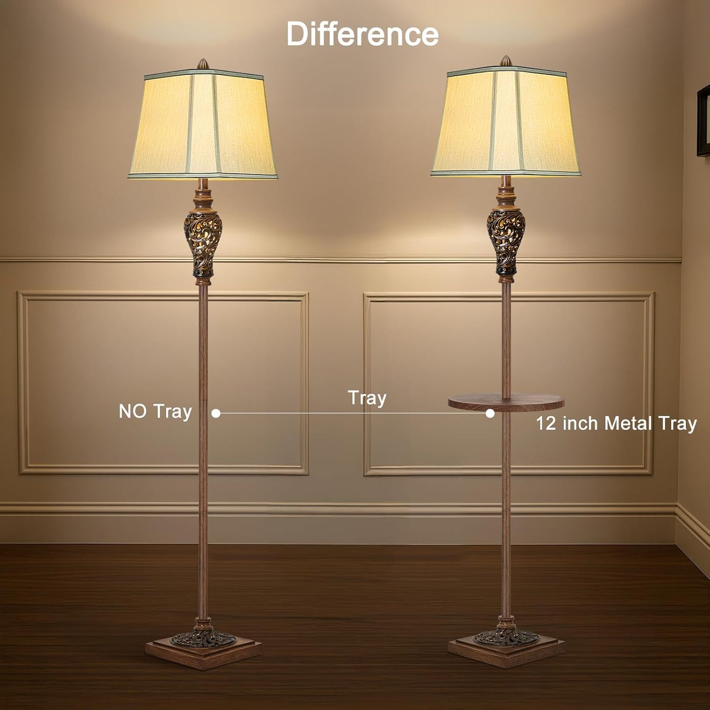 65" High Vintage Floor Lamp with Night Light and Glass Tray, Farmhouse Standing Lamp with Beige Faux Silk Shade, Retro Rustic Tall Lamp Decor for Living Room, Bedroom, Bedside, Corner (Bulb Included)