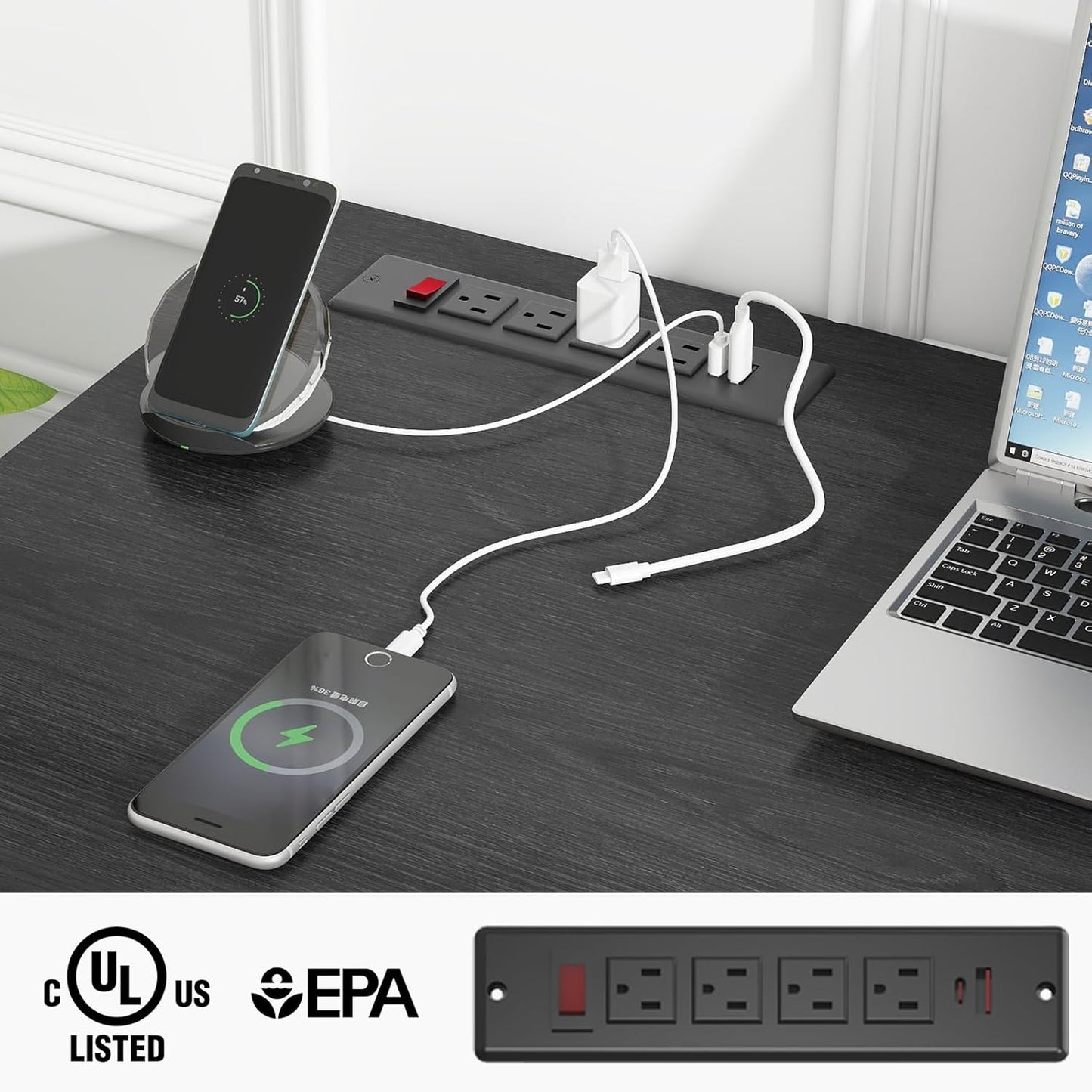 Farmhouse 61'' Executive Desk with 5 Drawers, Rustic Office Desk Computer Desk with Charging Station, File Drawers and Storage Cabinet, Wood Workstation for Home Office and Study.(Black Top)