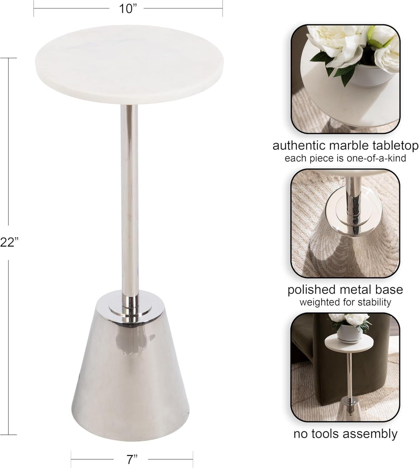 Kate and Laurel Tira Elegant Round Drink Table, 10 x 22, White Marble and Silver, Modern Glam Circle Martini Table for Use as a Small Bedroom Nightstand or Living Room Plant Stand Option