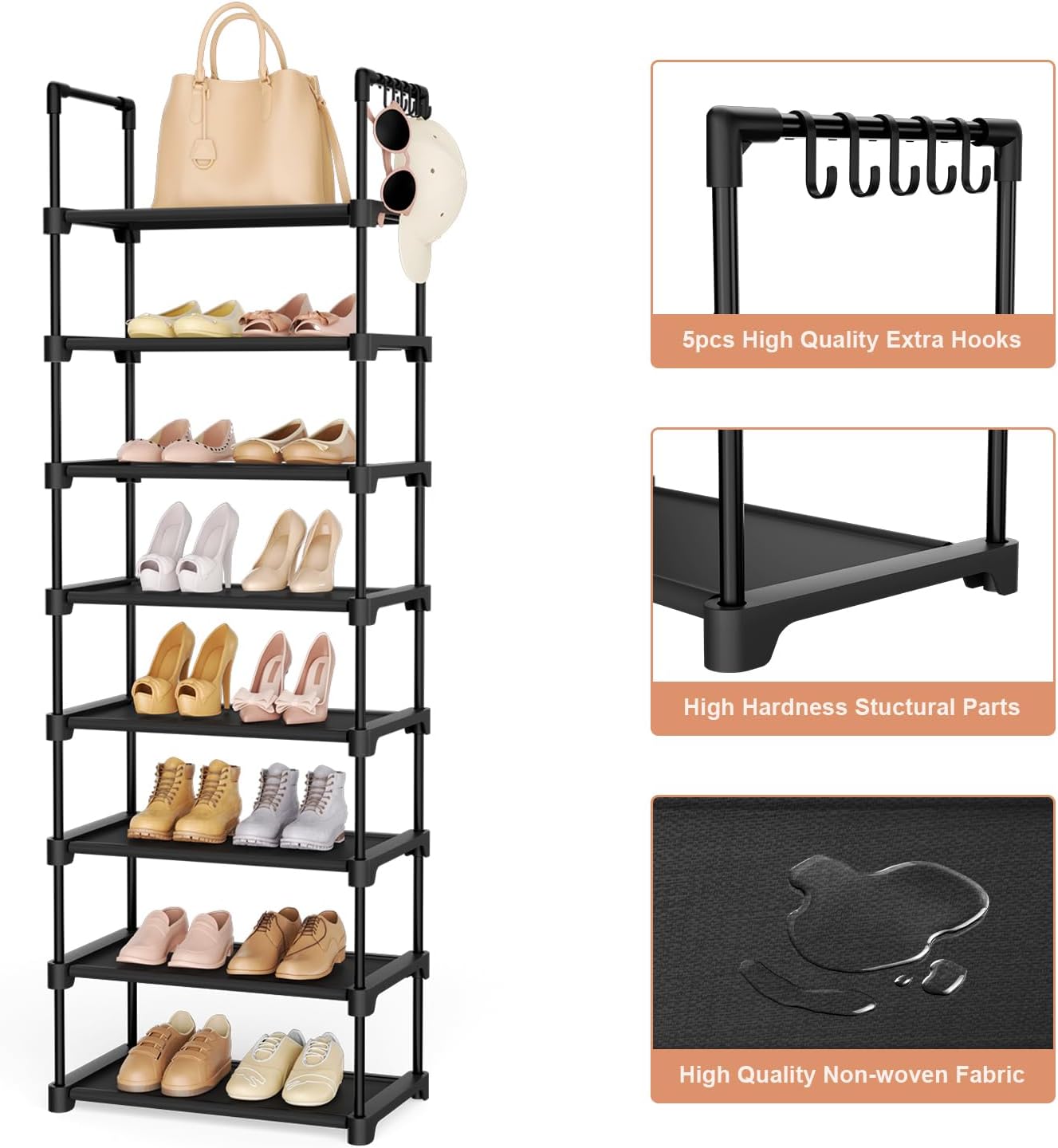 Tall Shoe Rack 8 Tiers, 16-20 Pairs Shoe and Boots Organizer Storage Sturdy Shoe Shelf, Narrow Vertical Shoe Rack for Entryway, Closet, Metal Shoe Organizer with 5 Hooks
