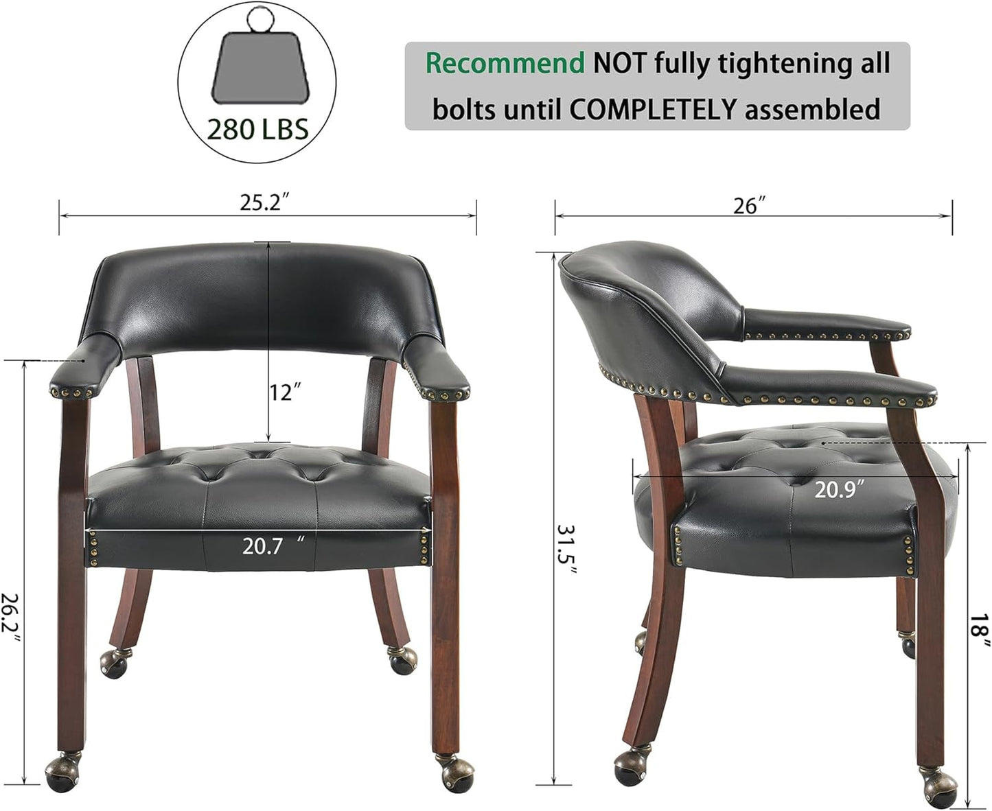 LEEMTORIG Large Dining Chairs with Casters and Arms, Rolling Dining Chairs with Wheels, Accent Game Chairs Boss Caption's Chairs, 26" D x 25.2" W x 31.5" H, Cherry Legs & Black SY-1533-BK