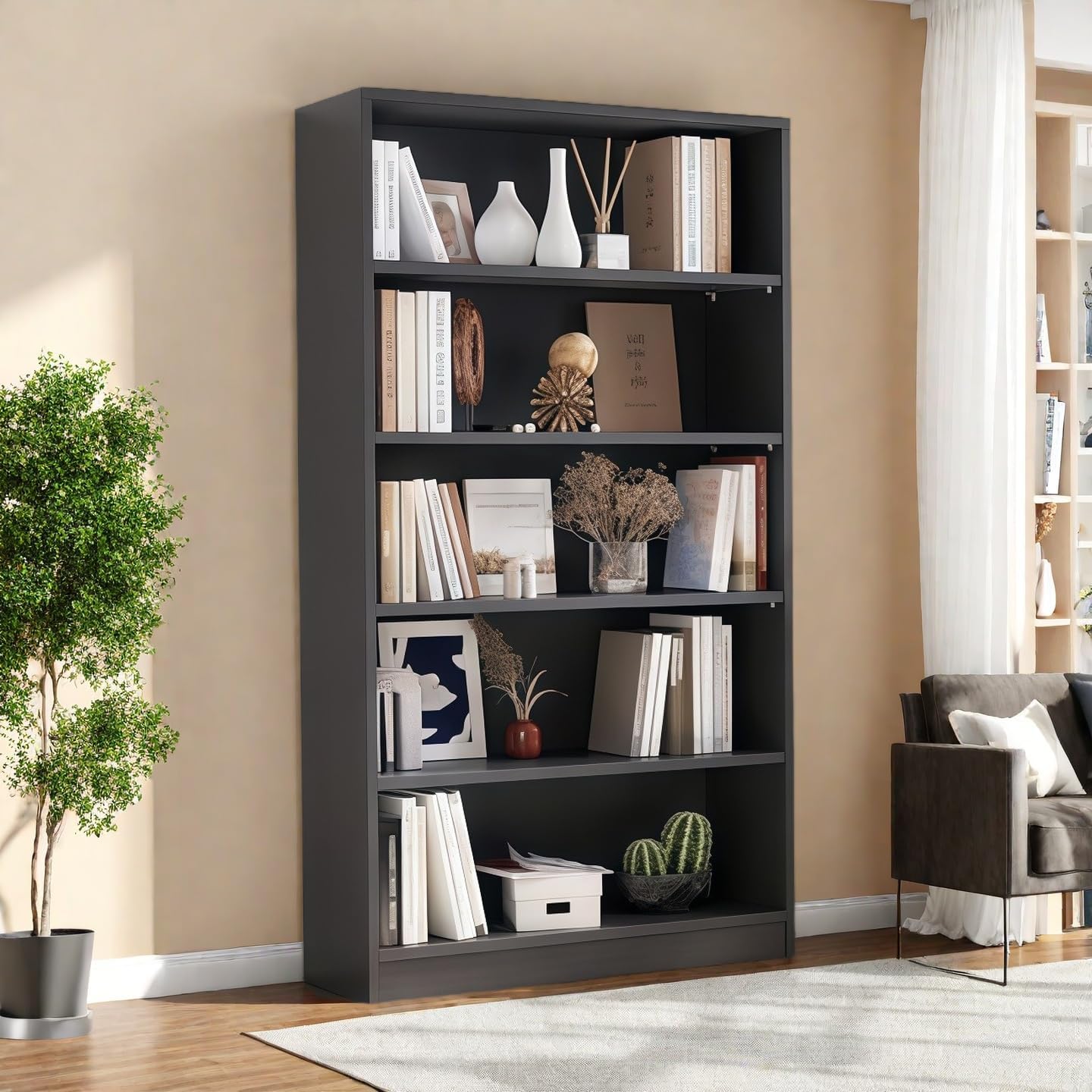 Bookshelf, 5 Wooden Book Shelf Bookcase with Freestanding Display Storage, Open Modern Bookshelf for Bedroom, Living Room, Dinning Room, Office, 60 Inch, Deep Gray